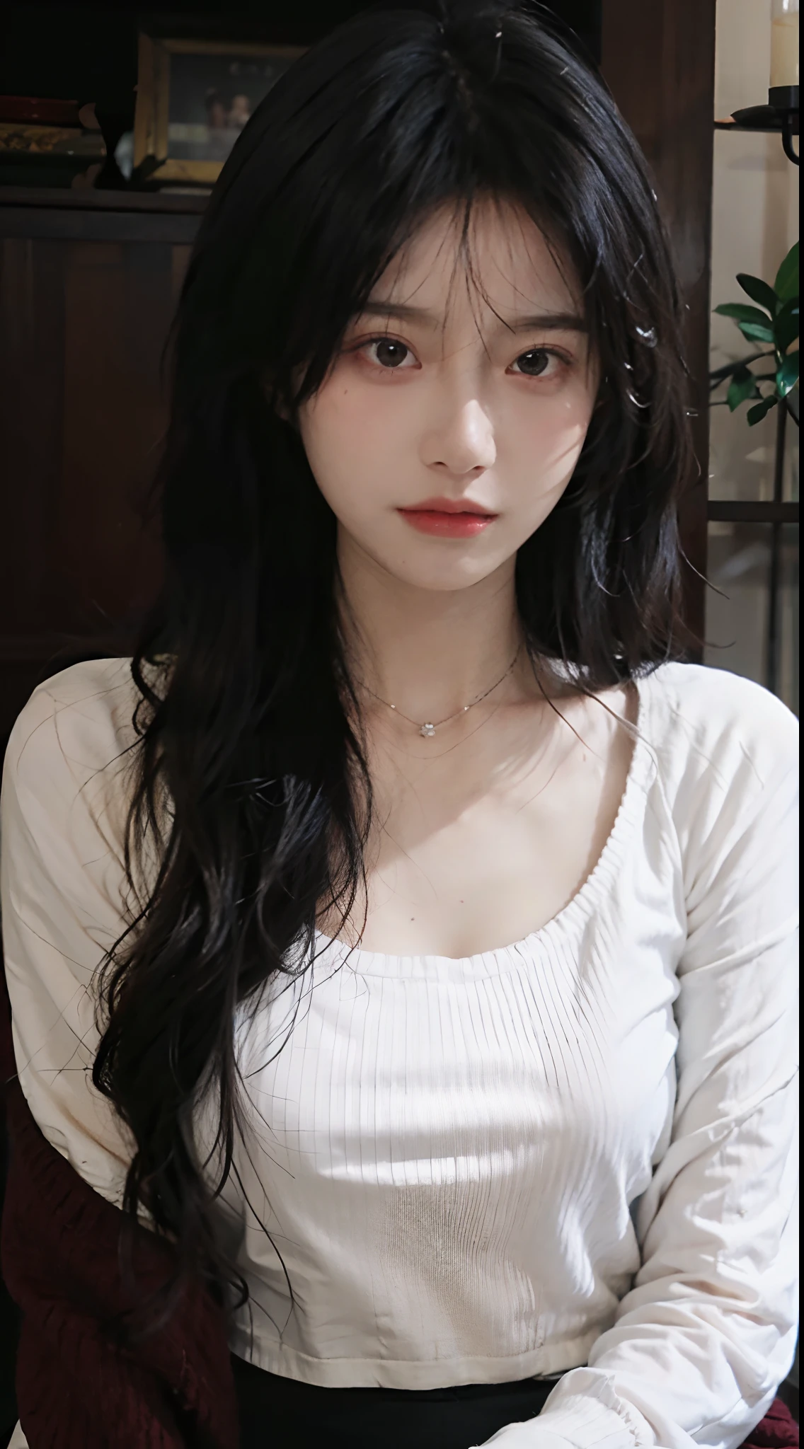 best qualtiy, 超高分辨率, (realisticlying:1.4),Baoyu Girl,1girll, Long straight hair,Looking into the distance,Bigchest,Cropped red sweater,a sense of atmosphere,Beautiful woman with a slim figure:1.4, Abs:1.4,,Ultra-fine face,Elaborate Eyes,二重まぶた,choker necklace