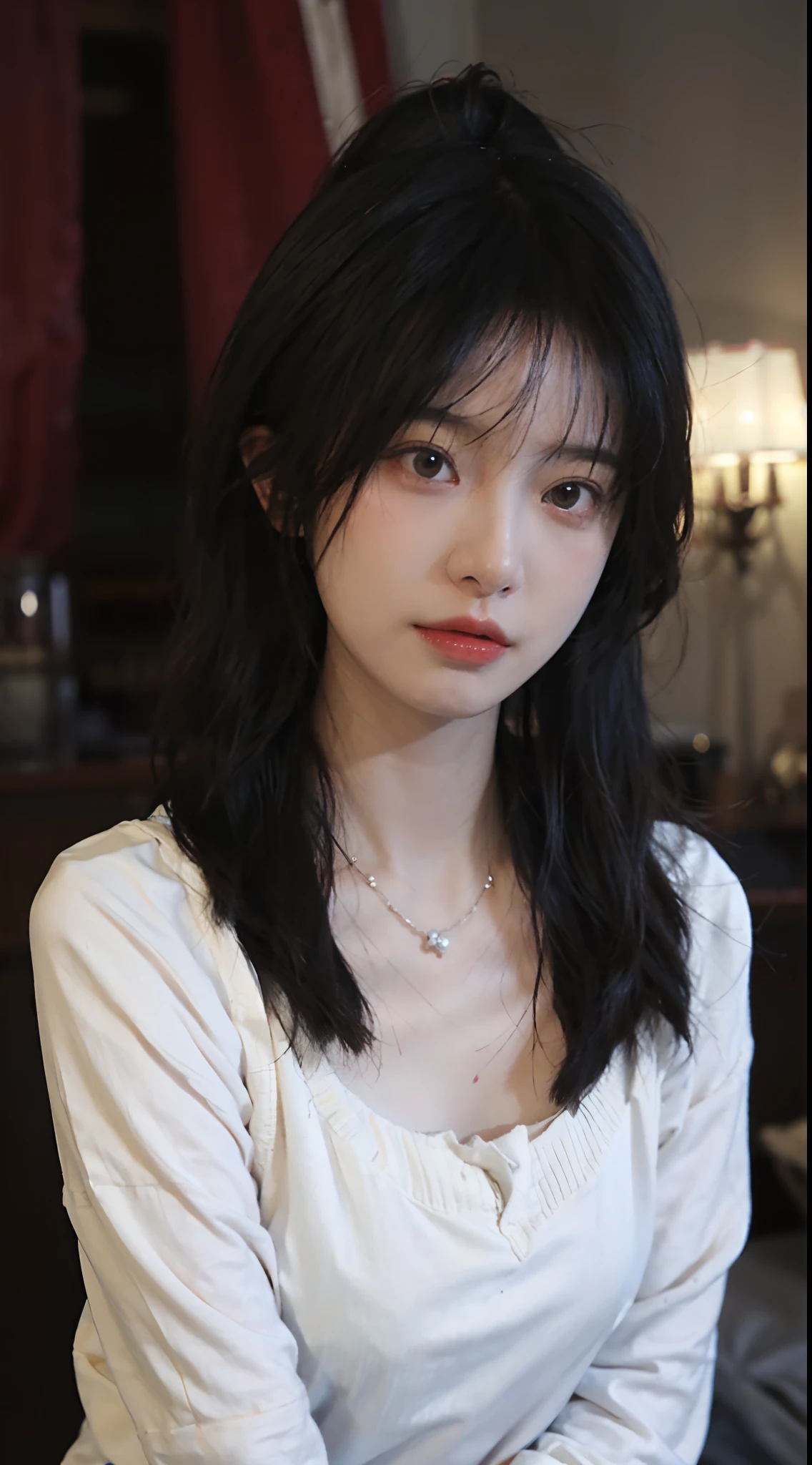 best qualtiy， 超高分辨率， （realisticlying：1.4），Baoyu Girl，1girll, Long straight hair，Looking into the distance，Bigchest，Cropped red sweater，a sense of atmosphere，Beautiful woman with a slim figure:1.4, Abs:1.4,,Ultra-fine face，Elaborate Eyes，二重まぶた，choker necklace