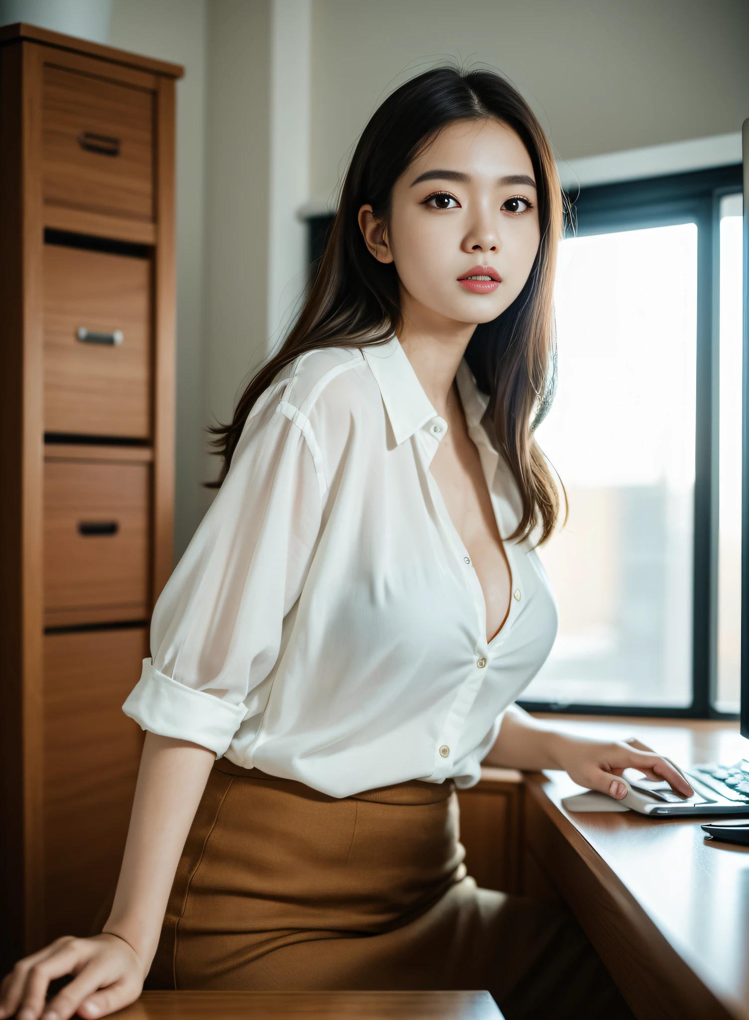 25 years old female, Solo, a secretary, stunningly beautiful, (top-quality、8K、32K、masterpiece、nffsw:1.3)、超A high resolution,(Photorealsitic:1.4),Raw photography, Detailed face,,Beautiful hair, White shirt,((Secretarial style)), thicc body, tight skirts、 Natural makeup, Breast cleavage, Inside the office, Detailed background, Perfect Lighting, depth of fields, Beautiful shadow gradient, ,