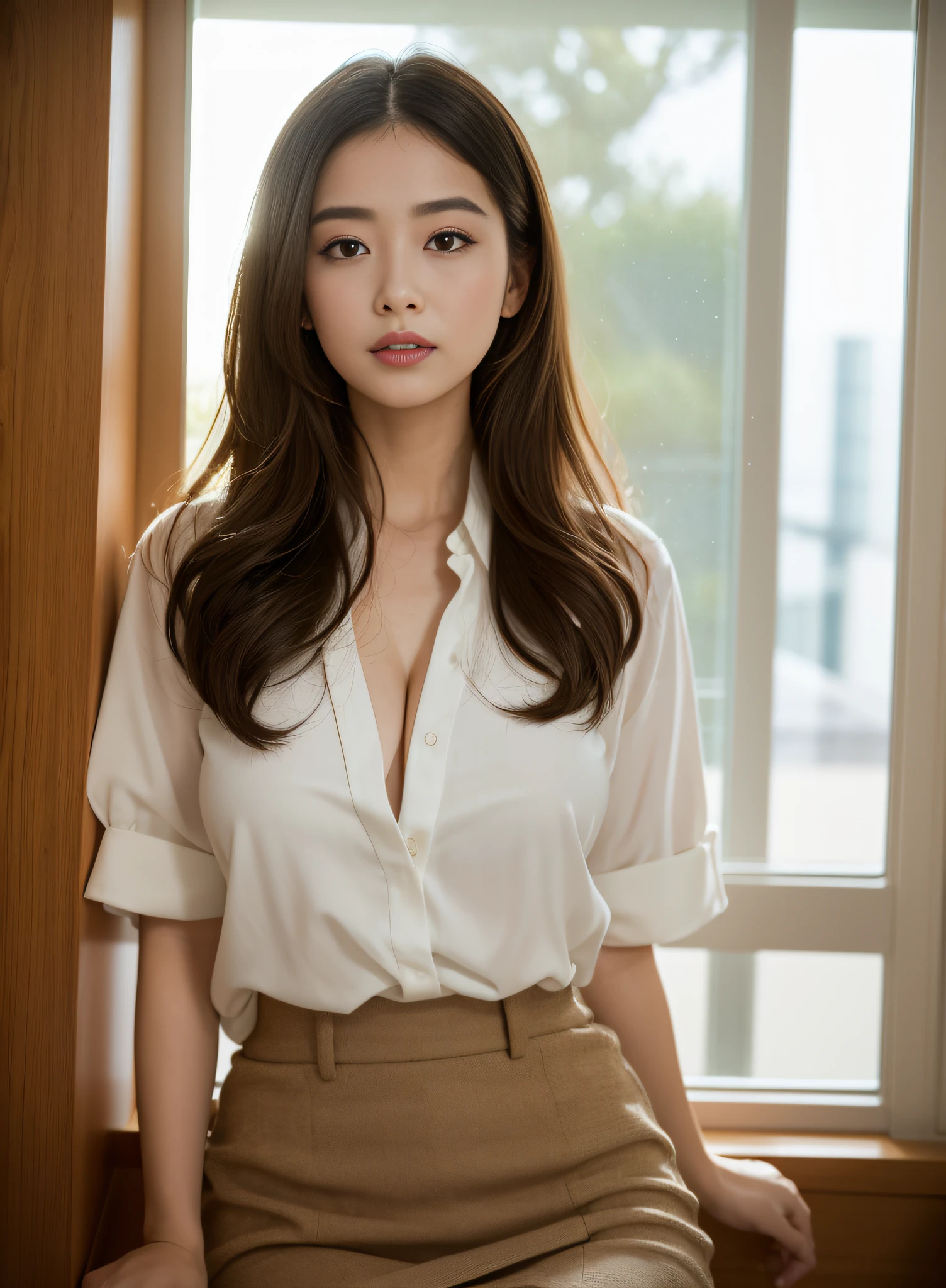 25 years old female, Soio, a secretary, stunningly beautiful, (top-quality、8K、32K、masterpiece、nffsw:1.3)、超A high resolution,(Photorealsitic:1.4),Raw photography, Detailed face,,Beautiful hair, White shirt,((Secretarial style)), thicc body, tight skirts、 Natural makeup, Breast cleavage, Inside the office, Detailed background, Perfect Lighting, depth of fields, Beautiful shadow gradient, ,