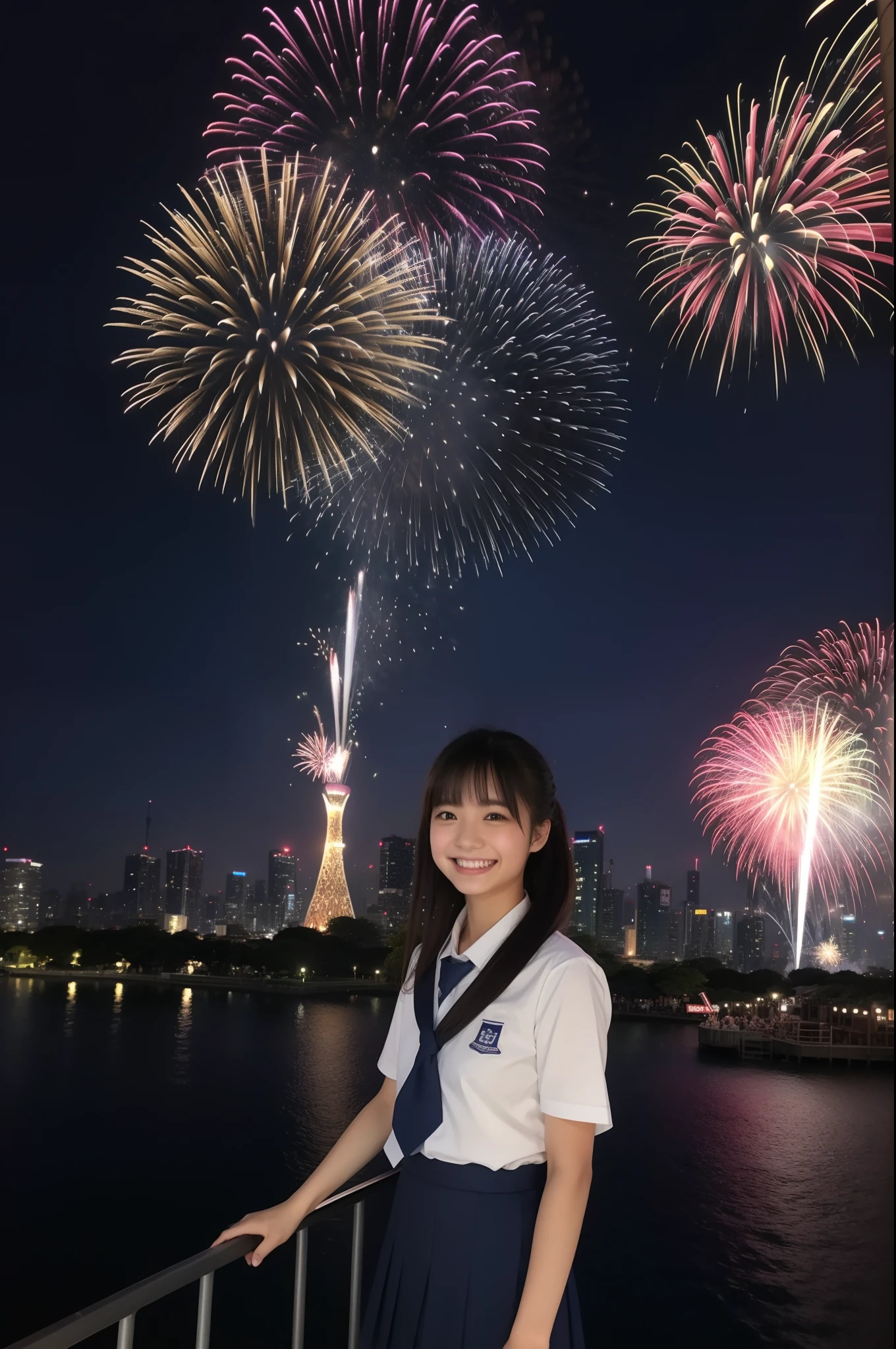 A smile、hi-school girl、校服、While doing fireworks、mare、Tokyo Skytree