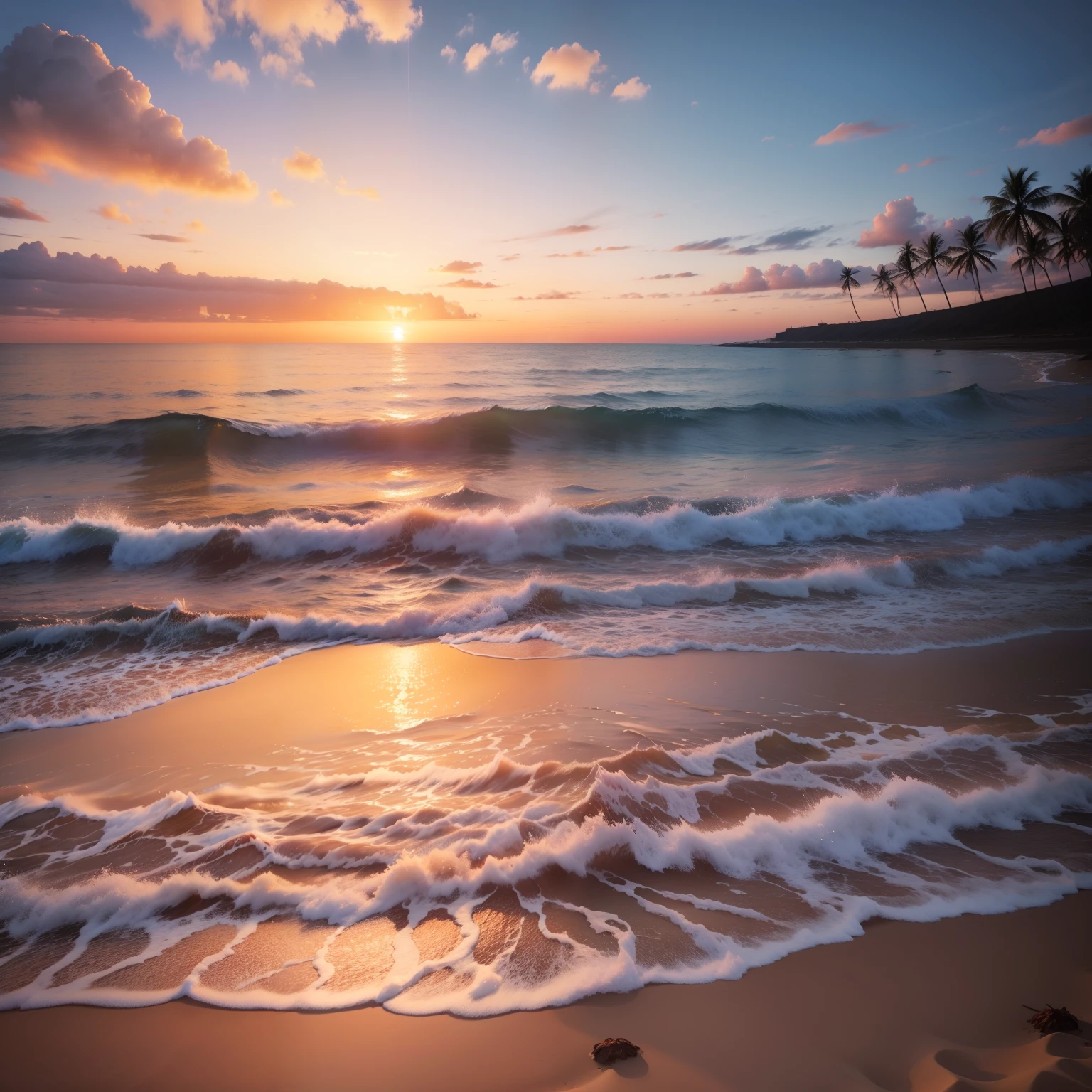 Sunset Hawaiian beach, 16:9 8k photo realistic