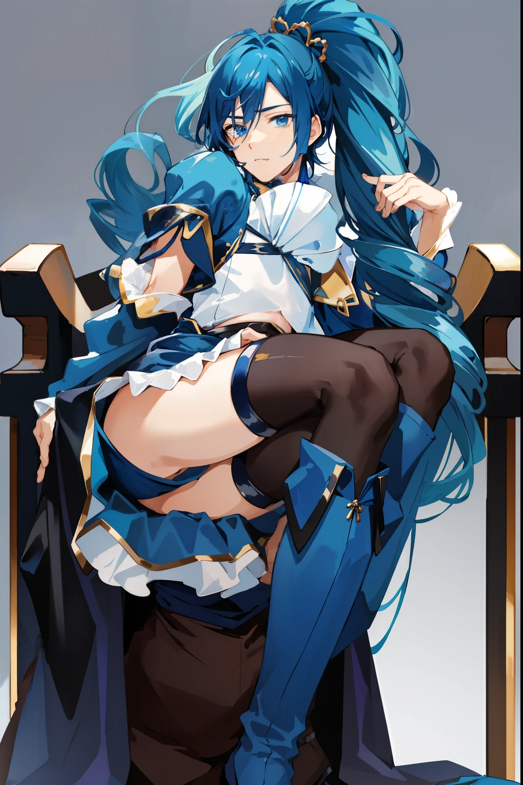 Close up portrait of man in dress and boots sitting on chair, Boy with long blue sidetail hair, Cool anime boy squatting, Beautiful anime boy crouching, Boy in Gothic Maiden anime, Seductive Anime Boy, Beautiful charming anime men, Muscular anime men, Anime boys are squatting, Black Thigh Socks, Anime boy in belly button costume, royal elegant pose,