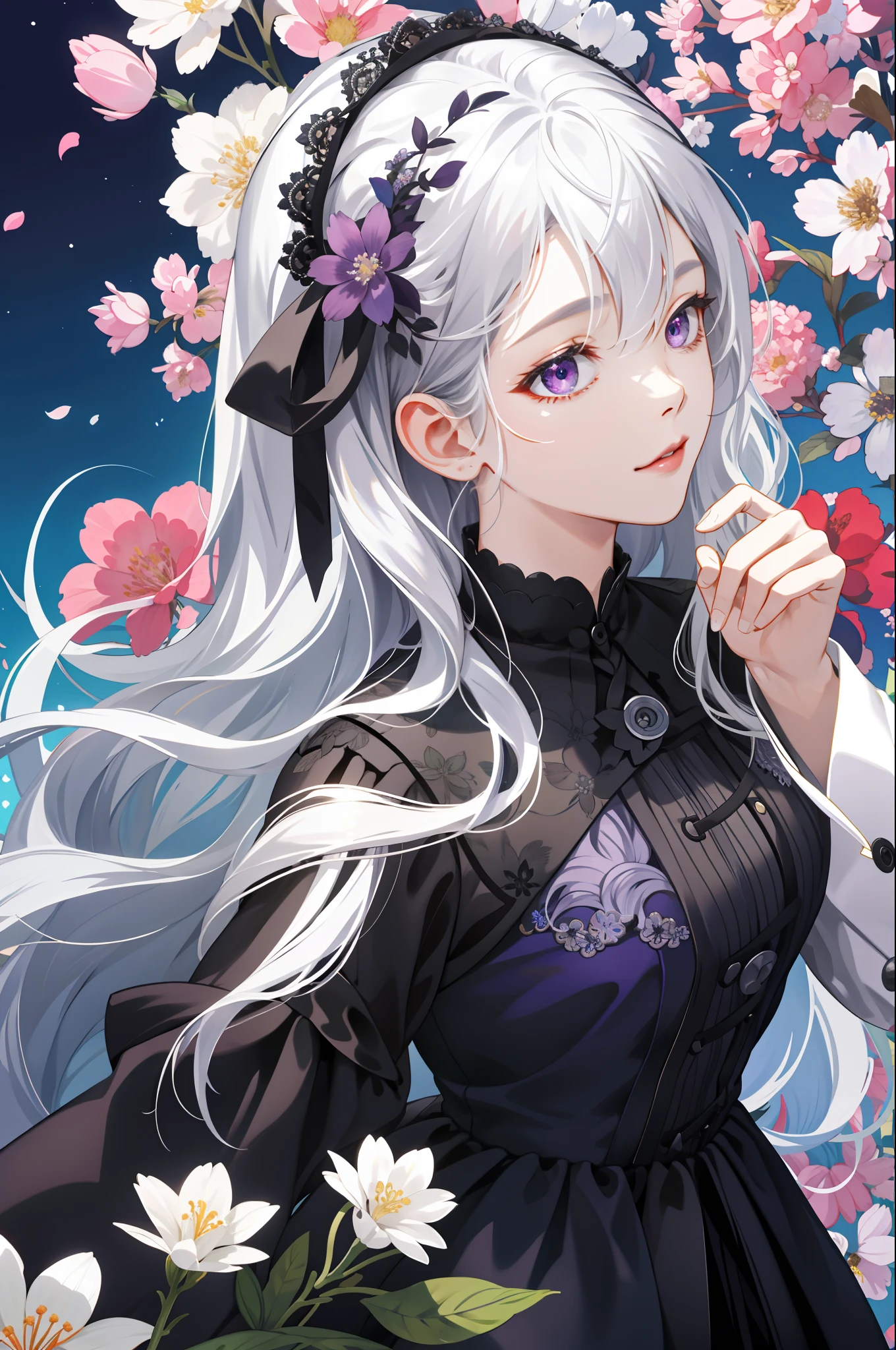(absurderes,A high resolution,ultra - detailed),1girl,a matural female,Long wavy silvery-white hair,long whitr hair,bluntbangs,Purple eye,black color dress,Fine eyes and detailed face,Extremely detailed CG unity 8k wallpaper,intricately details,BREAK,Kaleidoscopic image、Symmetrical pattern、vivd colour、geometric shapes、flattering design、optical illusions、Dynamic composition BREAK、The art of pantomime、Expressive body language、Silent storytelling、Evocative gestures、Visual storytelling、Theatrical performance BREAK、flowers in full bloom、Colorful petals、Fragrant smell、Nature's gift,Vibrant garden,peaceful scenery