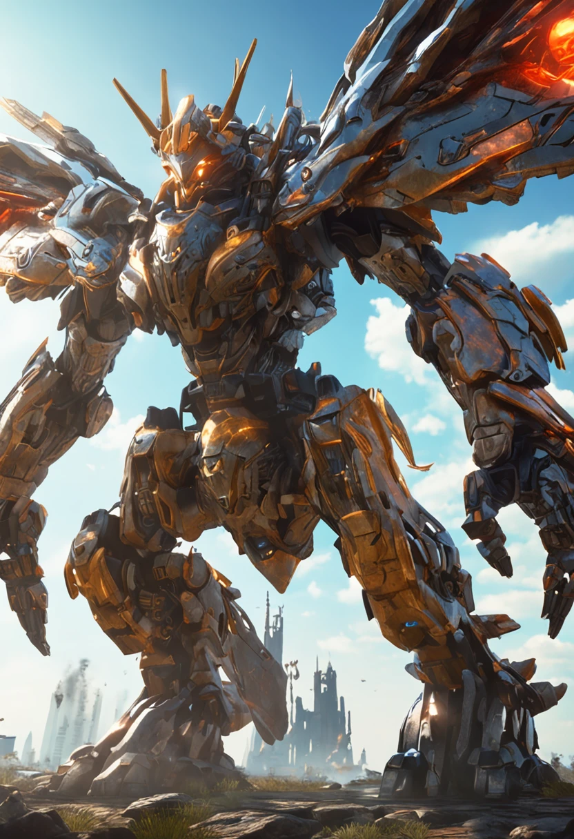 Mechs in the sky fight dragons: The mech held a sword，Slash at the dragon。The dragon dodges and spews flames。White clouds float in the sky during the day，The mechs in the distance reflected the sunlight。(high detal)(the Sun Shining)(Castle in the sky)(high qulity)(A high resolution)(1080P,2K,4K,18K)(8K smooth)futuristic sense of technology the high-purity tone  ultrawide shot  Warframe  
Unreal Engine  Quixel Megascans Render