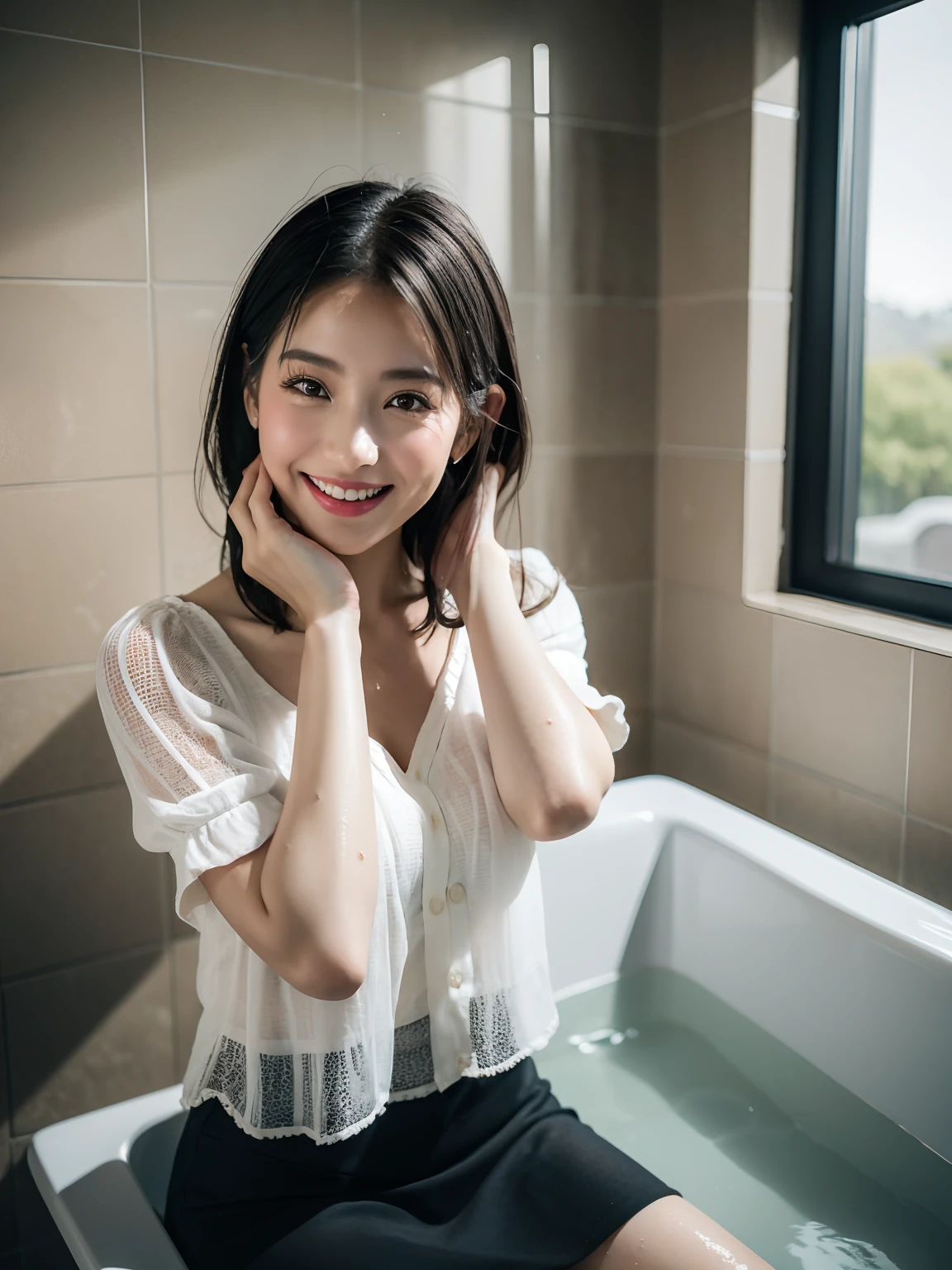 1girl,The girl sat in the bathtub laughing,hands on face, in bathroom, tinas, photoshoot for skincare brand, in bathroom, with backdrop of natural light, with a seductive smile, exclusive, Relaxed, shot on canon eos r 5, shot on a Canon EOS R5, wet blouses,short skirt