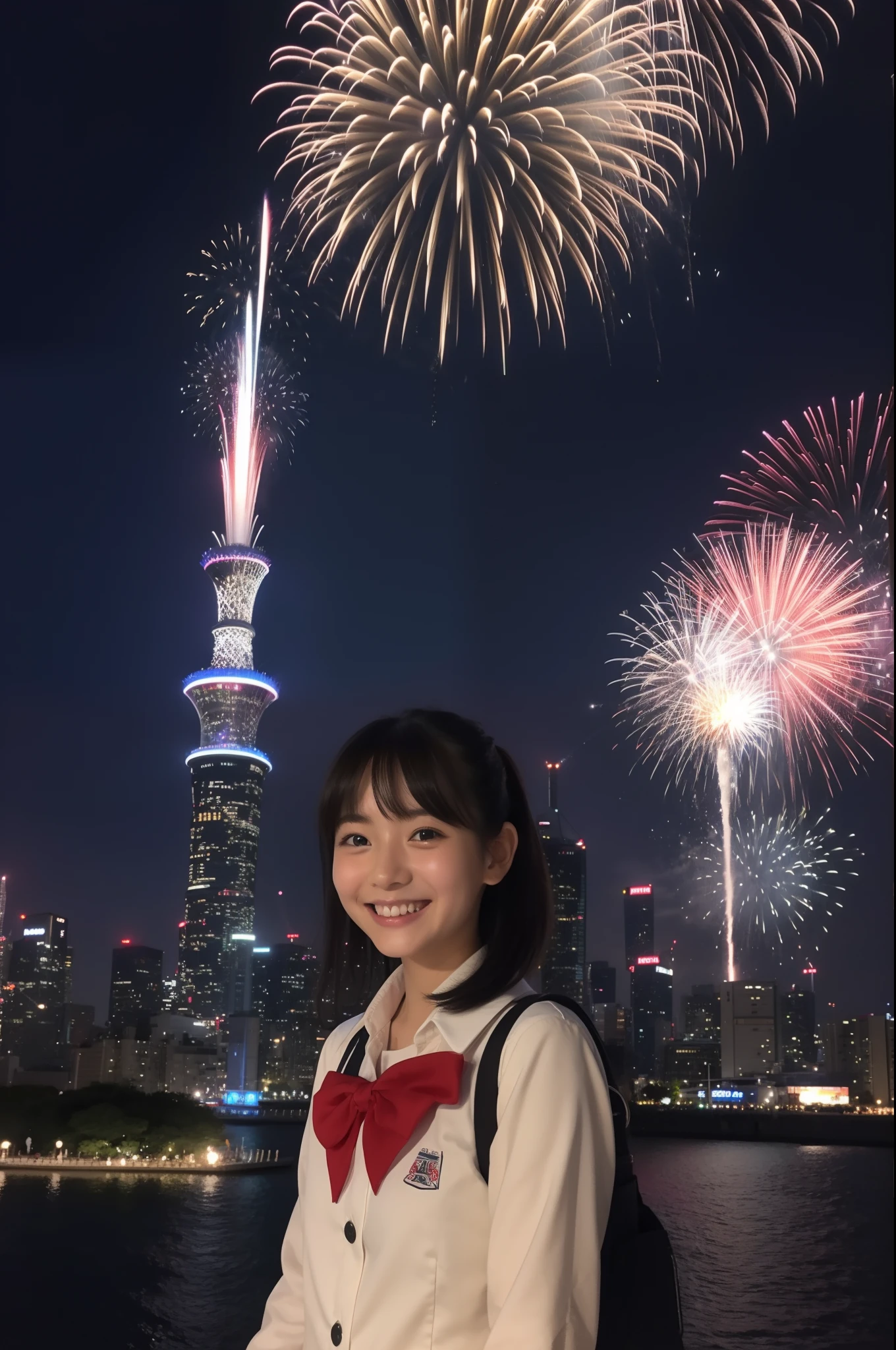 A smile、hi-school girl、校服、While doing fireworks、mare、Tokyo Skytree