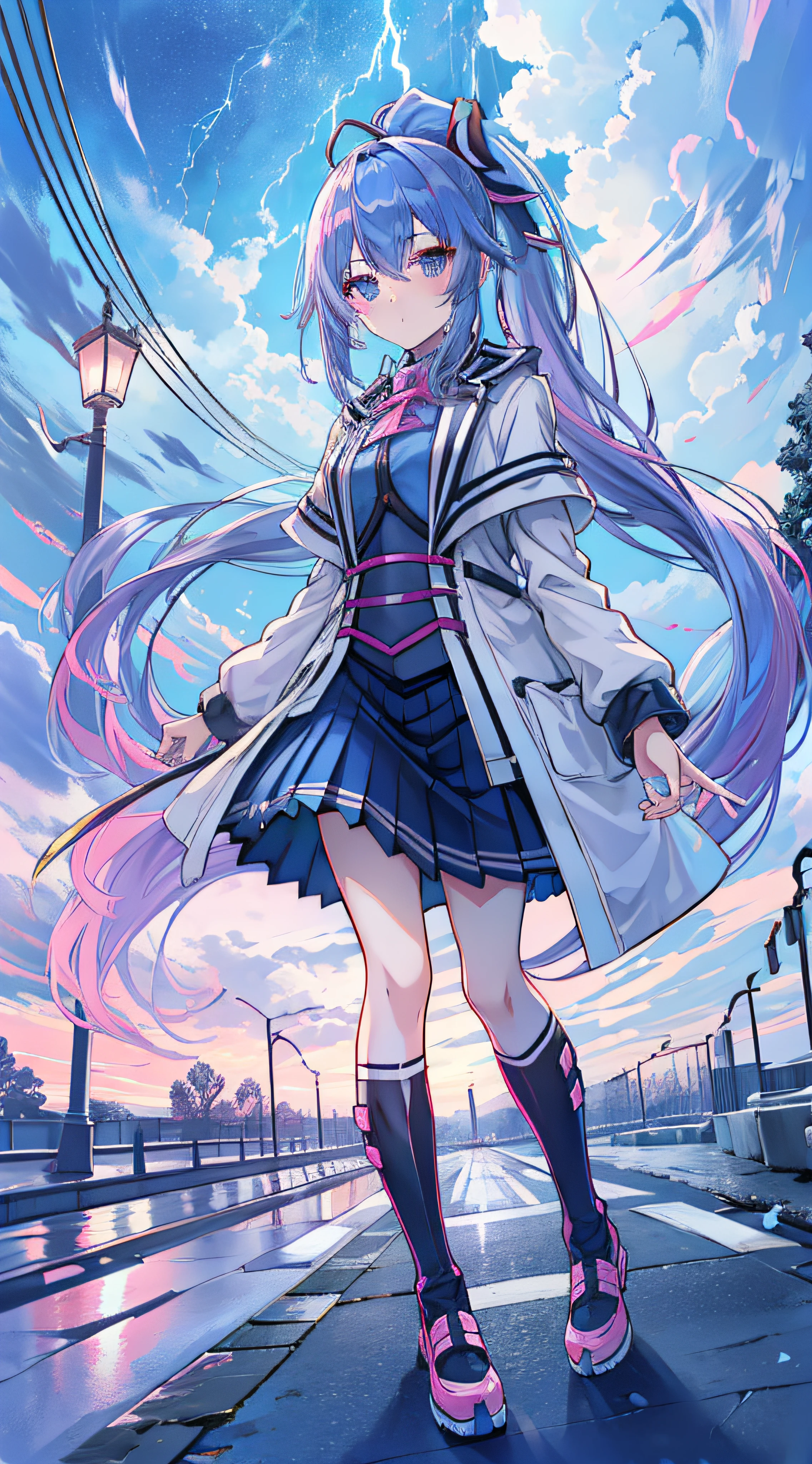 anime girl, alone, blue hair, ponytail, headband, pink pleated skirt, park, winter, night, streetlight, lightning, cloudy sky, thunderstorm, aurara borealis