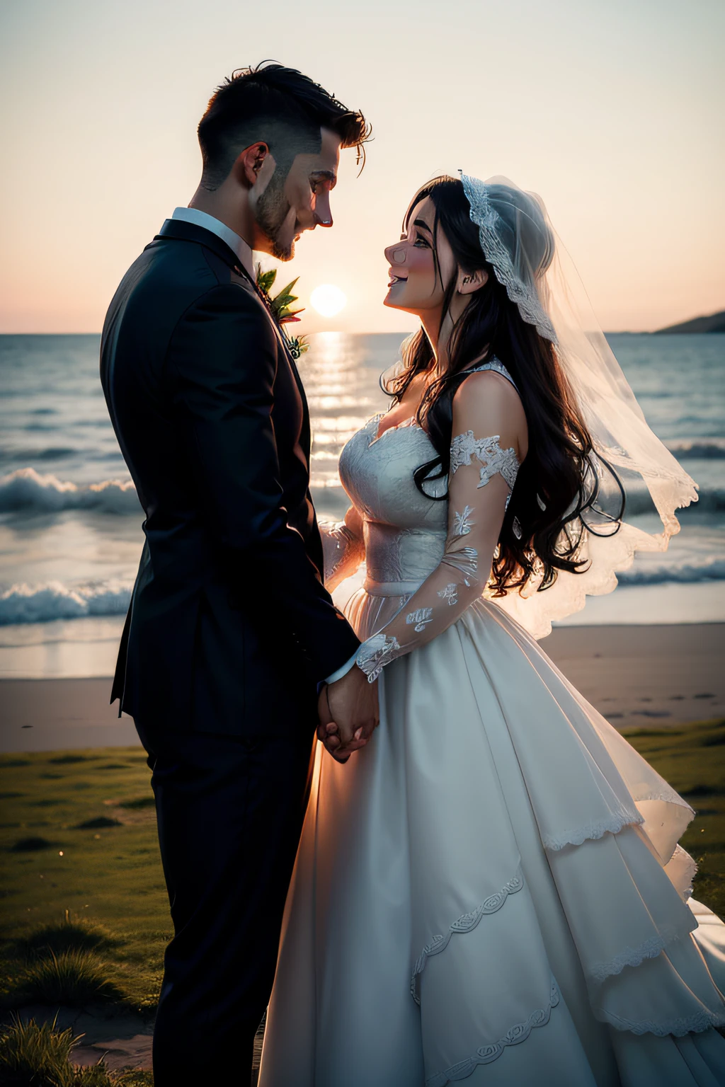 The bride and groom stand hand in hand in the field, wedding photo, Bride and groom, holding each other hands, wedding photography, looking at each other mindlessly, Happy couple, shot with canon eoa 6 d mark ii, In front of the background of the sea, taken with canon 5d mk4, with backdrop of natural light, professional wedding photography, Wedding, cute couple