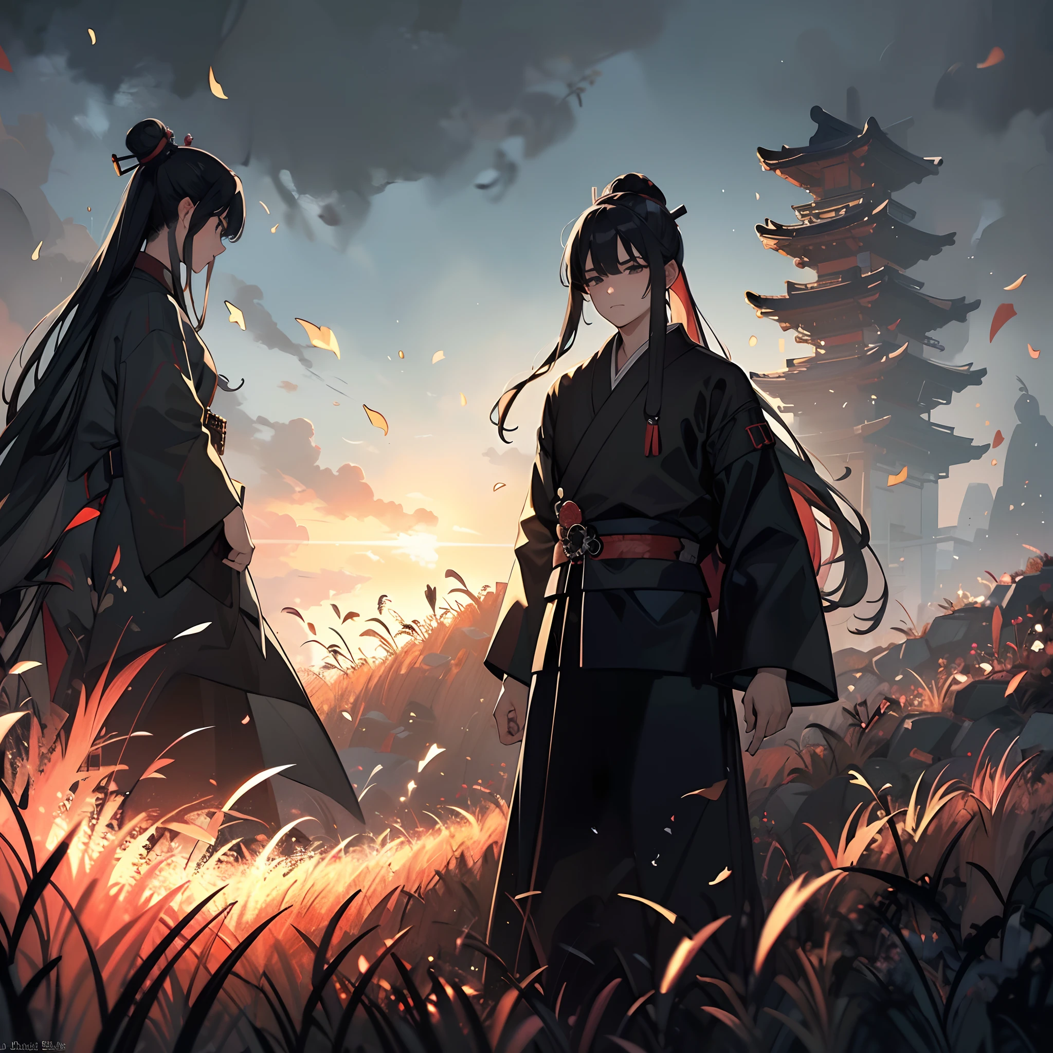 (8k wallpaper:1.2),(Ultra-high resolution:1.2),(masterpiece:1.1),wallpaper,High quality,masterpiece,(High detail),1man, samurai man bun hairstyle,long hair, wearing Ronin armour, (ghost of tushima), walking through a field of grass, Japanese master swordsman,katana on waist, simple white background,Dark, wallpaper 8k, HD quality,
