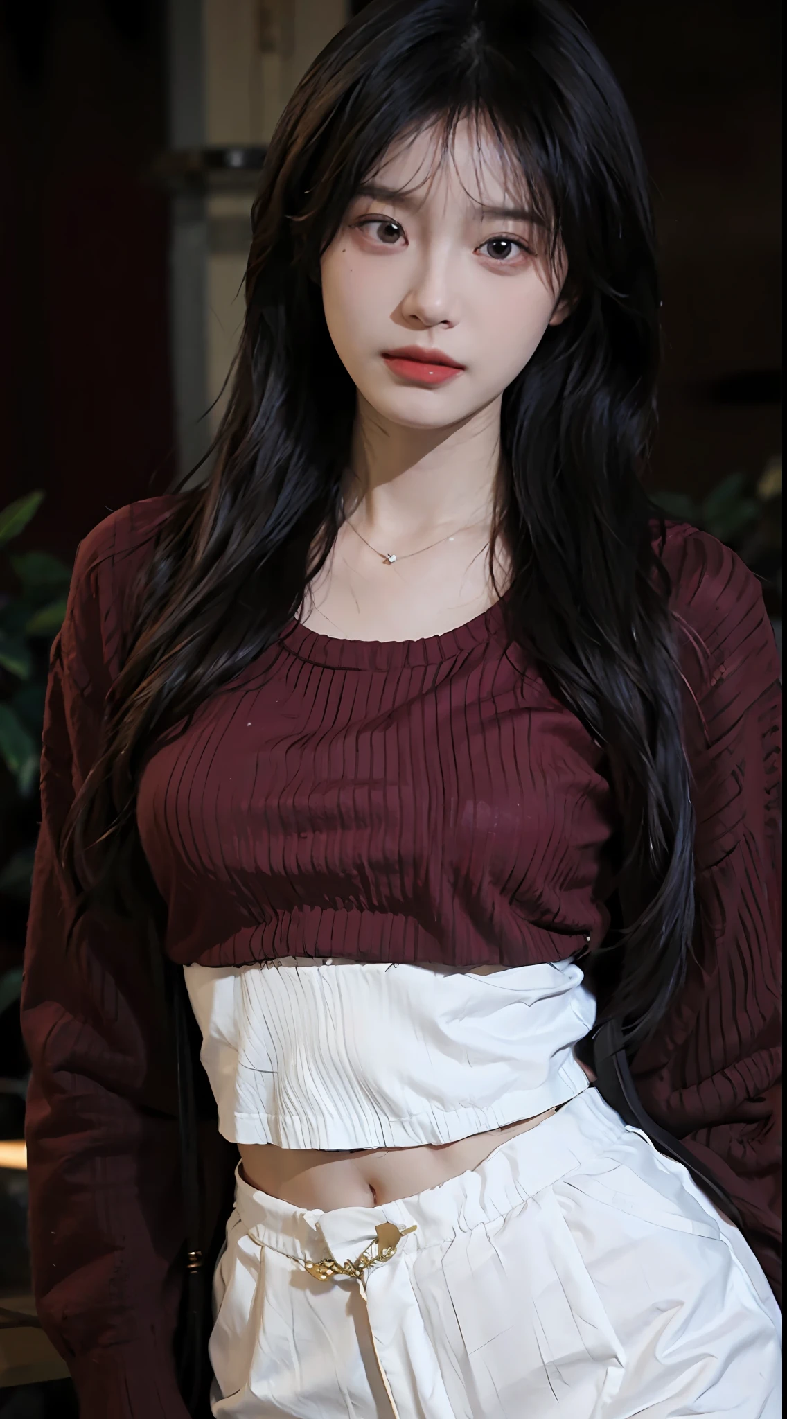 best qualtiy, 超高分辨率, (realisticlying:1.4),Baoyu Girl,1girll, Long straight hair,Looking into the distance,Bigchest,Cropped red sweater,a sense of atmosphere,Beautiful woman with a slim figure:1.4, Abs:1.4,,Ultra-fine face,Elaborate Eyes,二重まぶた,choker necklace