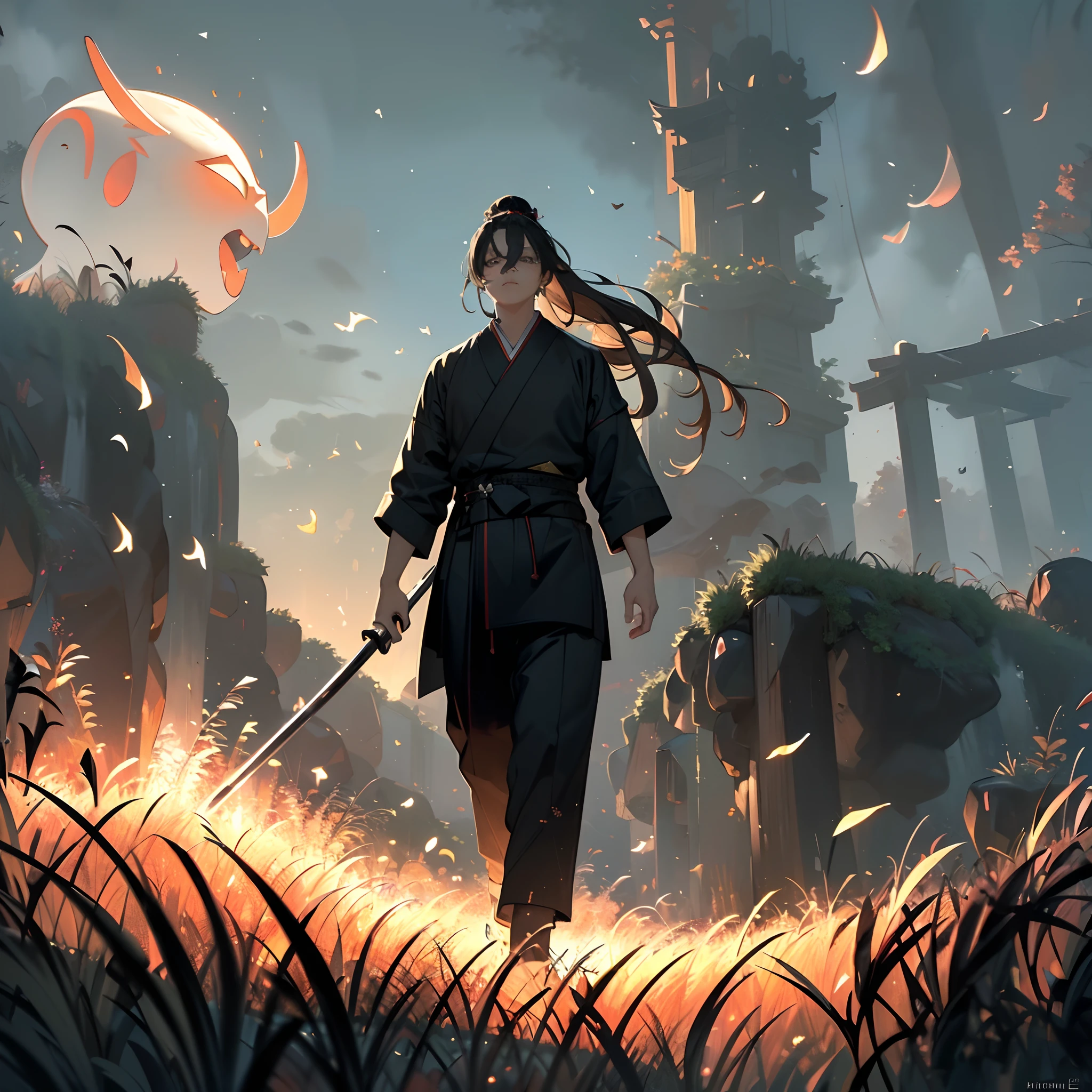 (8k wallpaper:1.2),(Ultra-high resolution:1.2),(masterpiece:1.1),wallpaper,High quality,masterpiece,(High detail),1man, samurai man bun hairstyle,long hair, wearing Ronin armour, (ghost of tushima), walking through a field of grass, Japanese master swordsman,katana on waist, simple white background,Dark, wallpaper 8k, HD quality,