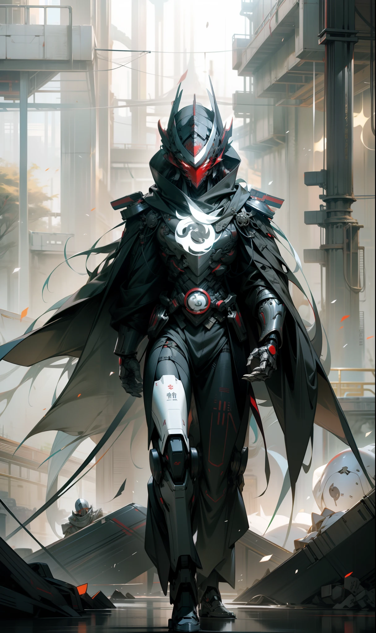 Red mask,The helmet of an ancient Chinese general,male people,Strong males,Huge shoulder armor,Tall mech,Silver-white body,The white,Use the plasma sword,There is a dragon particle effect,Yin and Yang gossip,Formation,mechanical sense,sense of strength,Sense of space,combats,cyber punk perssonage,Human body modification,Structurally sound,Battle instant,high-quality face,4K,High quality,Masterpieces