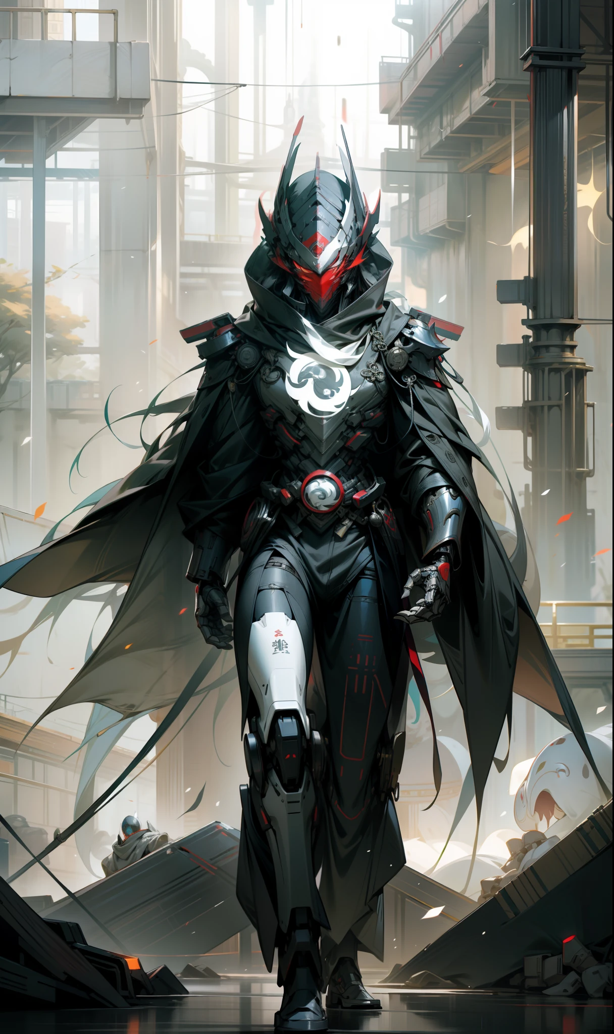 Red mask,The helmet of an ancient Chinese general,male people,Strong males,Huge shoulder armor,Tall mech,Silver-white body,The white,Use the plasma sword,There is a dragon particle effect,Yin and Yang gossip,Formation,mechanical sense,sense of strength,Sense of space,combats,cyber punk perssonage,Human body modification,Structurally sound,Battle instant,high-quality face,4K,High quality,Masterpieces