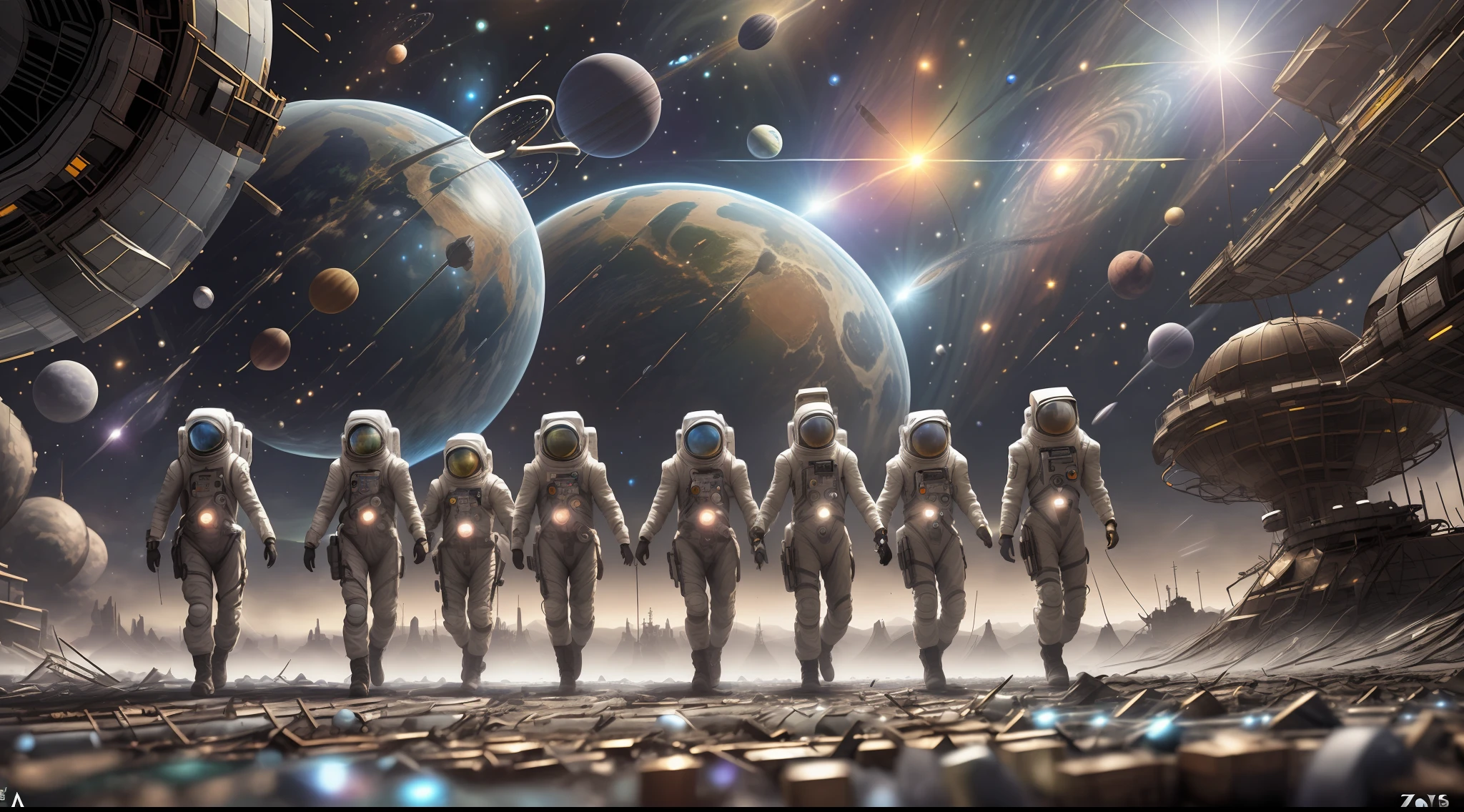Group of friends scavaging for supplies, highest quality, post-apocalyptic background, chaotic, space apparitions, high resolution, zoomed out,