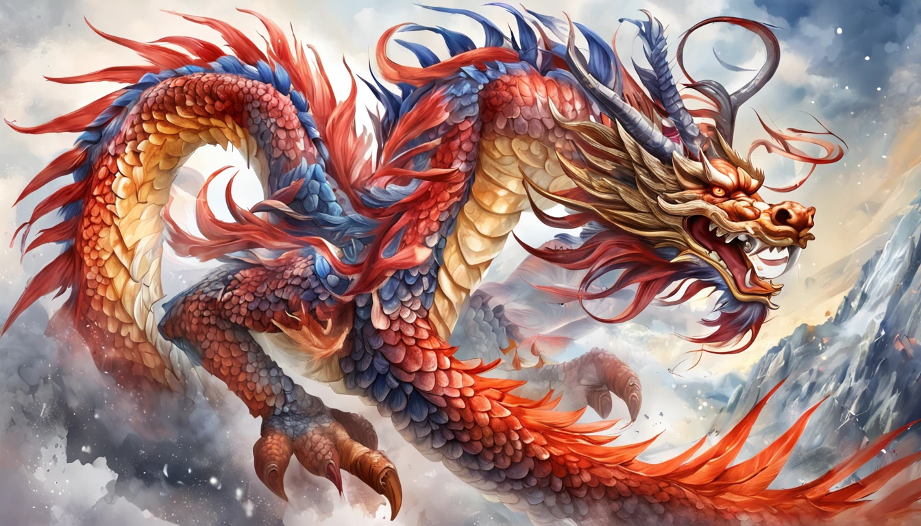 Chinese dragon, full bodyesbian, Loong, extremely detailed CG unity 8k wallpaper), (colorful:1.2), long hair, sharp teeth, red eyes, teeth, huge, Hires upscale: 1.7, Hires upscaler: 4x_NMKD-Siax_200k, Denoising strength: 0.45, lifelike texture, Dynamic angle, (((+++Lightning and bodyInterweave///))), Colorful auspicious clouds, drop shadow, atmospheric perspective, panorama, wide shot, 16k, anatomically correct, super detail