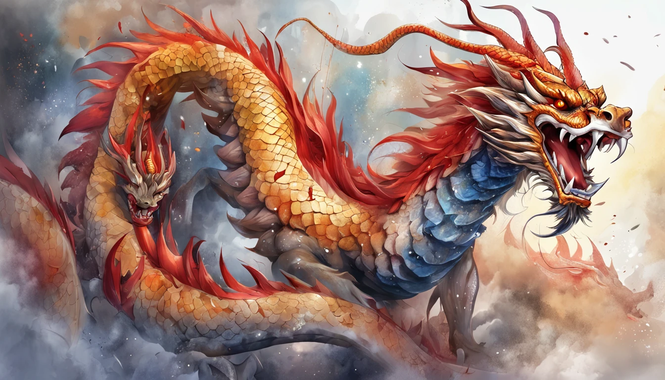 Chinese Dragon, full bodyesbian, drak, Extremely detailed Cg Unity 8K wallpaper), (Colorful:1.2), Long hair, Sharp teeth, Red eyes, teeth, Huge, Hires upscale: 1.7, Hires upscaler: 4x_NMKD-Siax_200k, Noise Removal Strength: 0.45, Lifelike texture, Dynamic Angle, (((+++Lightning is intertwined with the body///))), Colorful auspicious clouds, shadowing, Atmospheric perspective, in a panoramic view, Wide shot, 16k, Anatomically correct, Super detail