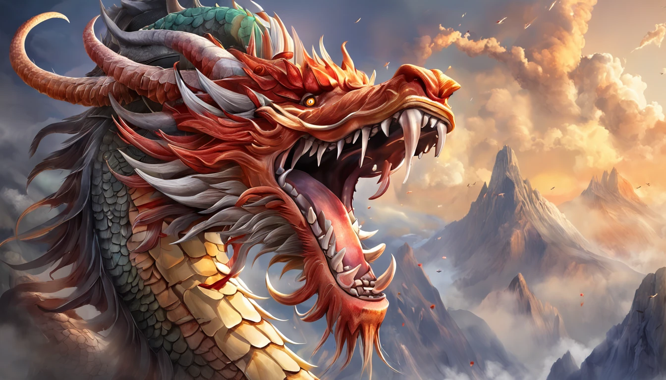 Chinese dragon, full bodyesbian, Loong, extremely detailed CG unity 8k wallpaper), (colorful:1.2), long hair, sharp teeth, red eyes, teeth, huge, Hires upscale: 1.7, Hires upscaler: 4x_NMKD-Siax_200k, Denoising strength: 0.45, lifelike texture, Dynamic angle, (((+++Lightning and bodyInterweave///))), Colorful auspicious clouds, drop shadow, atmospheric perspective, panorama, wide shot, 16k, anatomically correct, super detail