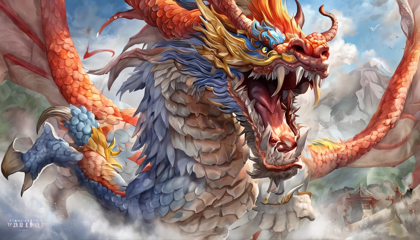 Chinese dragon, full bodyesbian, Loong, extremely detailed CG unity 8k wallpaper), (colorful:1.2), long hair, sharp teeth, red eyes, teeth, huge, Hires upscale: 1.7, Hires upscaler: 4x_NMKD-Siax_200k, Denoising strength: 0.45, lifelike texture, Dynamic angle, (((+++Lightning and  bodyInterweave///))), Colorful auspicious clouds, drop shadow, atmospheric perspective, panorama, wide shot, 16k, anatomically correct, super detail