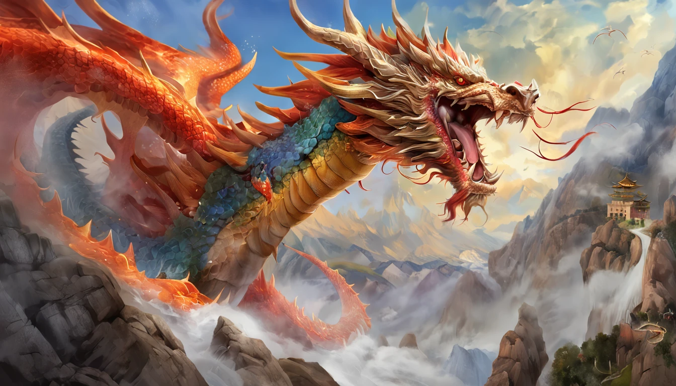 Chinese dragon, full bodyesbian, Loong, extremely detailed CG unity 8k wallpaper), (colorful:1.2), long hair, sharp teeth, red eyes, teeth, huge, Hires upscale: 1.7, Hires upscaler: 4x_NMKD-Siax_200k, Denoising strength: 0.45, lifelike texture, Dynamic angle, (((+++Lightning and bodyInterweave///))), Colorful auspicious clouds, drop shadow, atmospheric perspective, panorama, wide shot, 16k, anatomically correct, super detail