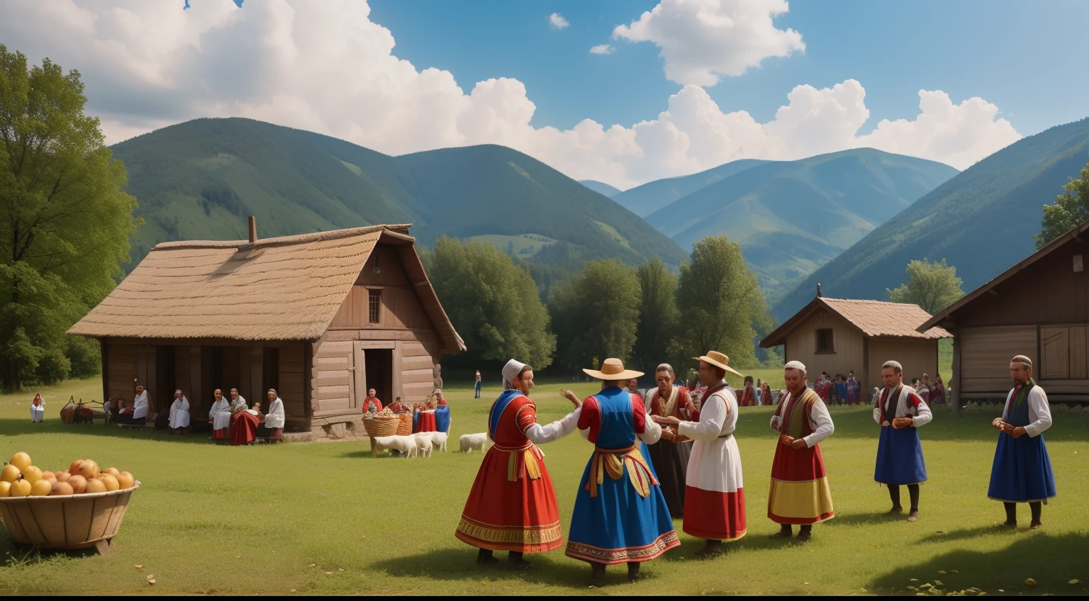 Date: 1865
Country: Romania
Description: In a bucolic Transylvanian village, locals in traditional dress celebrate a harvest festival with music and dance.