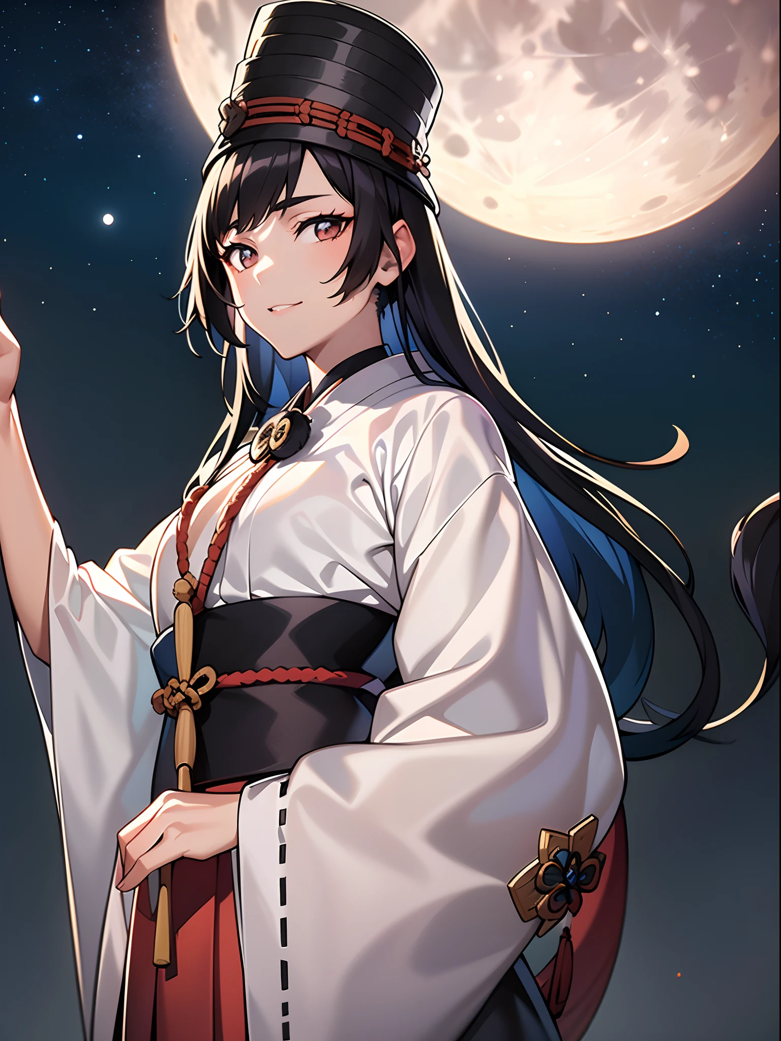 1girl,((onmyouji)),((tate eboshi)),((Big Full Moon)),the beautiful night sky,nice hands, perfect hands,upper body