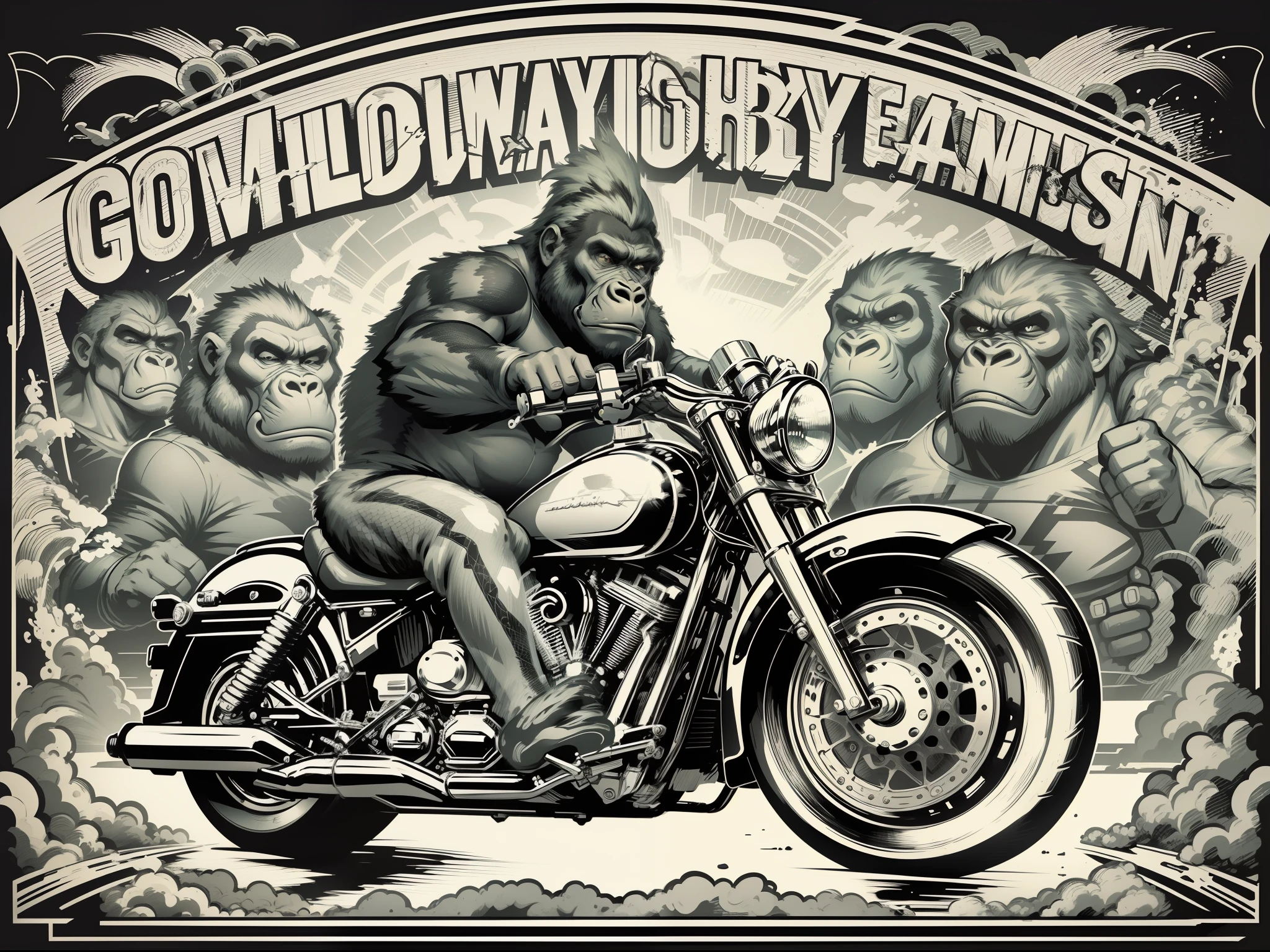 Bw vectorart, vector art gorilla ride a harley davidson, vector outlines, black outlines, white background, retro cartoon style popular image, t-shirt print style image, black outlines, colorless, white background, extremely clear outline, high quality, 16k