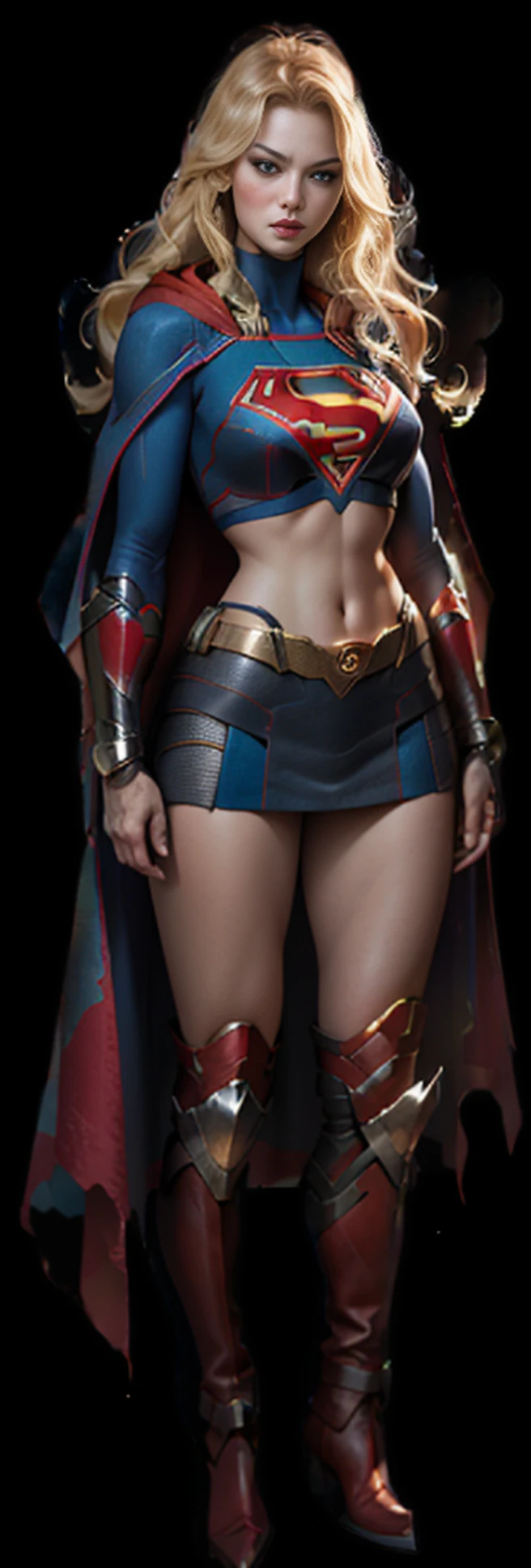 Close-up of a woman in a red cloak and boots, She's Supergirl, super-hero girl, Proportion of female superheroes, Supergirl,blonde with blue eyes,Huge breasts,photorealestic,Ultra high quality,tmasterpiece,delicated,