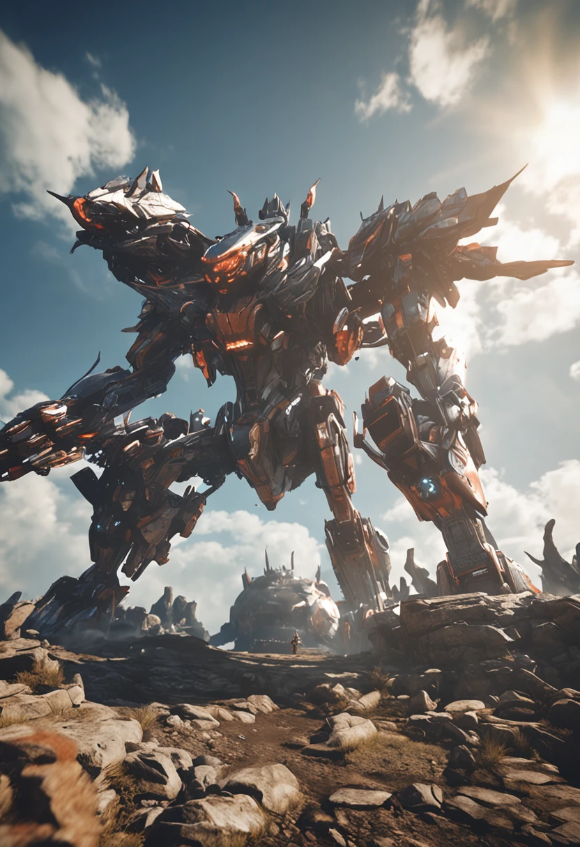 Mechs in the sky fight dragons。High in the air,There is no earth, and white clouds float in the sky during the day,The mechs in the distance reflected the sunlight。(high detal)(the Sun Shining)(Castle in the sky)(high qulity)(A high resolution)(1080P,2K,4K,18K)(8K smooth)futuristic sense of technology the high-purity tone ultrawide shot Warframe Unreal Engine Quixel Megascans Render