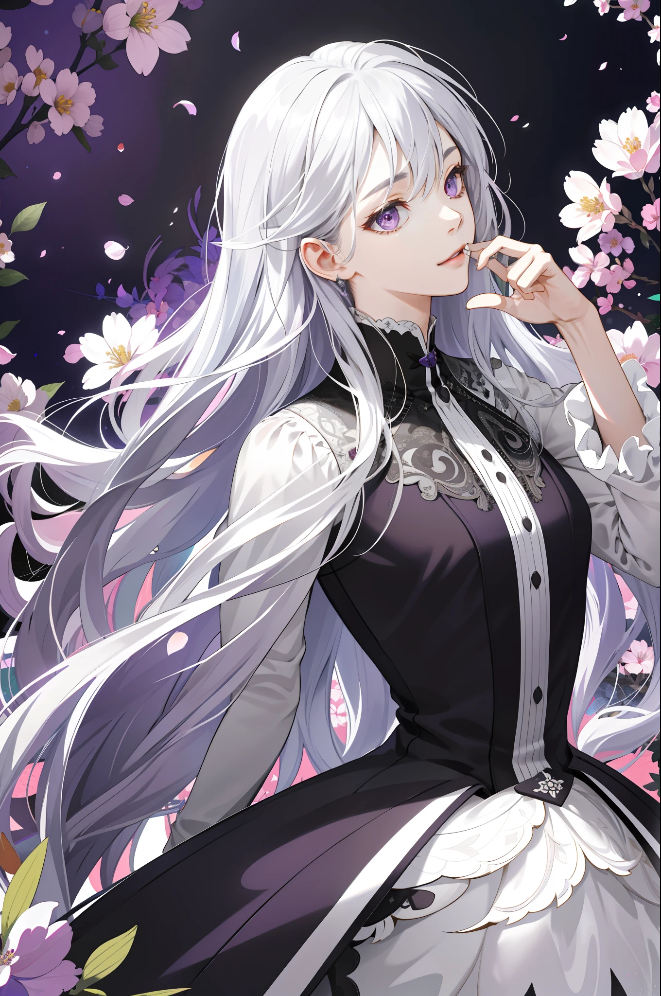 （absurderes，A high resolution，ultra - detailed），1girll，a matural female，Silvery-white wavy long hair，long whitr hair，bluntbangs，Purple eye，black color dress，Fine eyes and detailed face，Extremely detailed Cg Unity 8K wallpaper，intricately details，Break，Kaleidoscopic image、Symmetrical pattern、vivd colour、geometric shapes、flattering design、optical illusions、Dynamic composition break、The art of pantomime、Expressive body language、Silent storytelling、Evocative gestures、Visual storytelling、Theatrical performances break free、flowers in full bloom、Colorful petals、Fragrant smell、Nature's gift，Vibrant garden，peaceful scenery