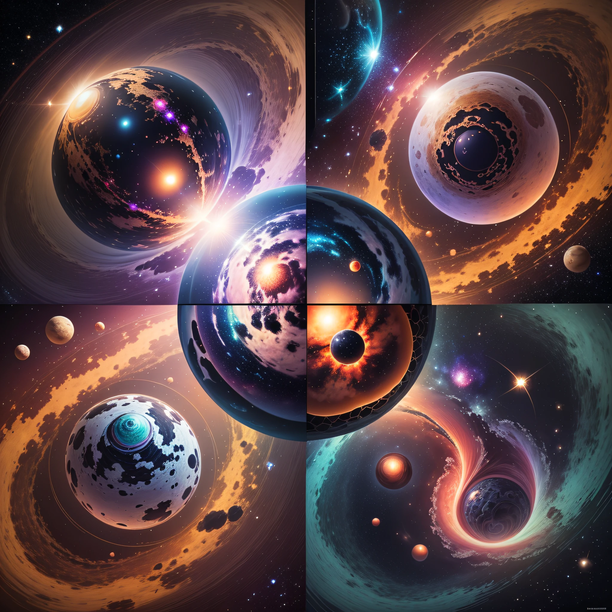 Create a digital NFT artwork depicting a realistic outer space landscape. The image should be highly eye-catching and visually stunning, with intricate details of stars, planets, nebulae, and other cosmic elements. The image should evoke a sense of the vastness and wonder of space.  The image resolution should be at least 4096x4096 pixels to ensure exceptional quality. The color palette should include deep shades of dark blue, purple, and black, with bright points representing distant stars and galaxies.  Ensure that the composition of the image is balanced and visually appealing, with astronomical elements distributed naturally. We appreciate the inclusion of a distant planet or a spaceship to add visual interest.  The final file should be exported in high-quality PNG format to ensure clarity of details. Please also provide a creative and unique description for the NFT that describes the inspiration behind the artwork and its significance in the context of outer space.  Now, using this specification, create the digital NFT artwork and generate a compelling description that accompanies the image. --auto --s2