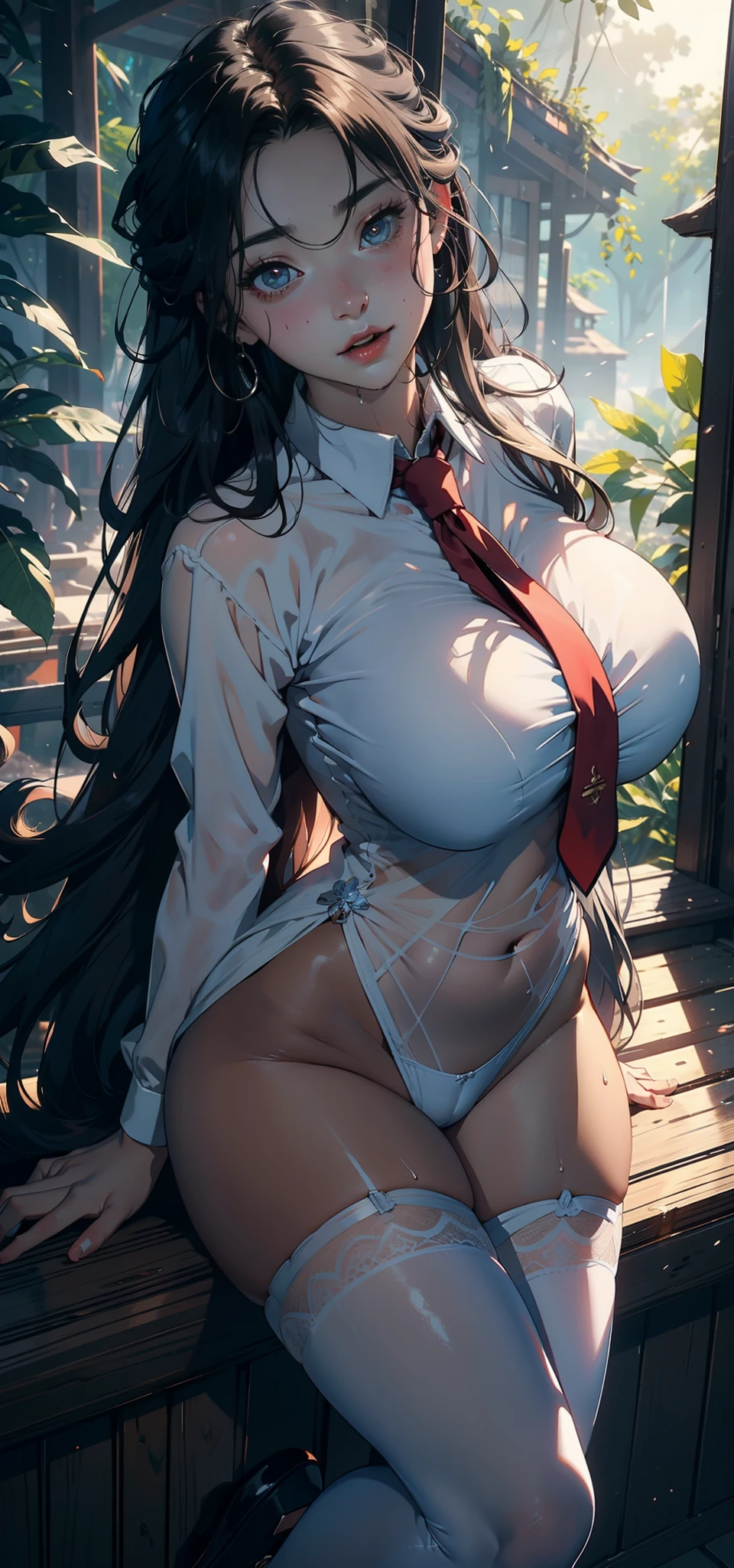1female,25 age old,Large breasts,Pornographic exposure, 独奏,(Background with:ln the forest,the rainforest,in summer) with his long black hair,standing on your feet,Sweat profusely,drenched all over the body,seen from the front, curlies, mostly cloudy sky,(((tmasterpiece),(Very detailed CG unity 8K wallpaper),best qualtiy,cinmatic lighting,detailed back ground,beatiful detailed eyes,Bright pupils,(Very fine and beautiful),(Beautiful and detailed eye description),ultra - detailed,tmasterpiece,)),facing at camera,A high resolution,ultra - detailed),revealing breasts,Bare genitalia, Bulge,Camel toes,Raised sexy,Flushed complexion,Open-mouthed,frontage,magestic(Wearing:White shirt,black necktie,Pantyhose,Red cape)nakeness,high-heels