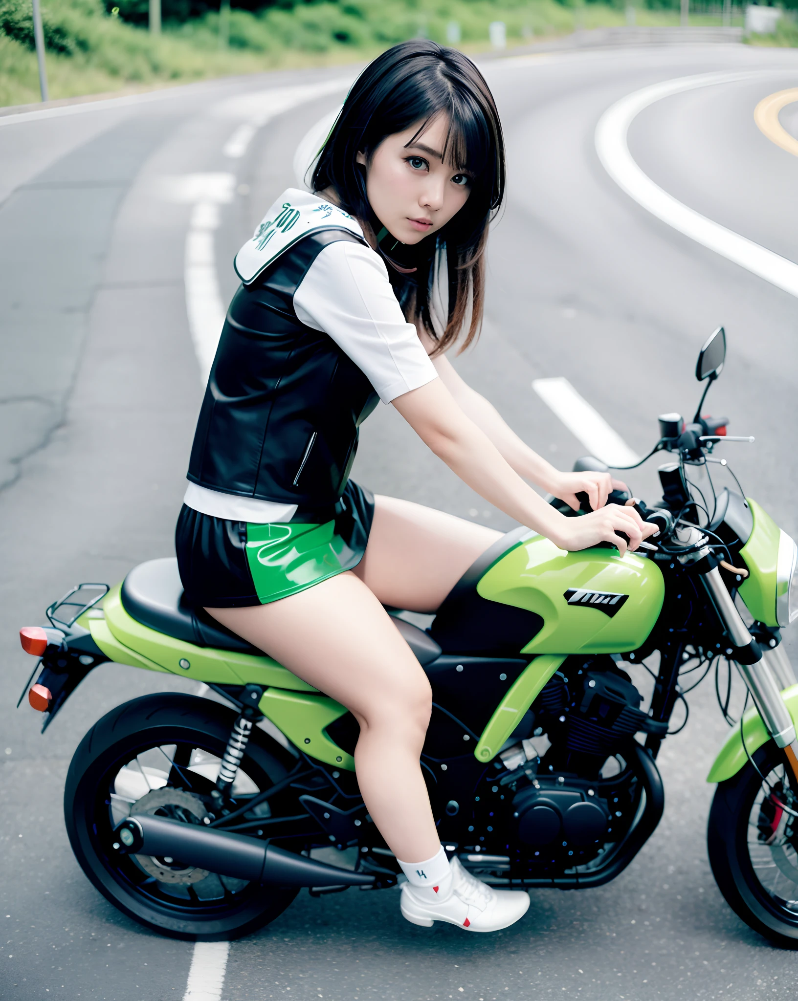 Real Images、rialistic photo、Top image quality、Alafe girl in white miniskirt and sailor suit on green motorcycle, Anna Nikonova aka Newmilky, comic book style, sitting on a motorcycle, white panty、White shorts、green skin!, Kawasaki KH400, sitting on cyberpunk motorbike, sexy-S 100, black and green, green and black, profile picture 1024px, takata yamamoto style, Motorcycles