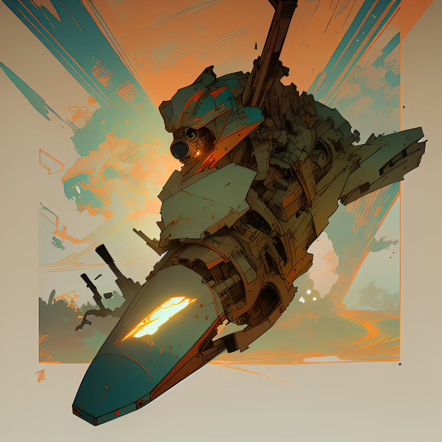 There is a large robot riding a skateboard in the air, Moebius + loish + Phlegm sputum, phlegm, peter chung + Moebius + loish, Craig Mullins Alphonse Mucha, inspired by Victor Mosquera, peter mohrbacher art style, style of peter mohrbacher, peter mohrbacher c 2 0, mohrbacher, james jean and peter mohrbacher