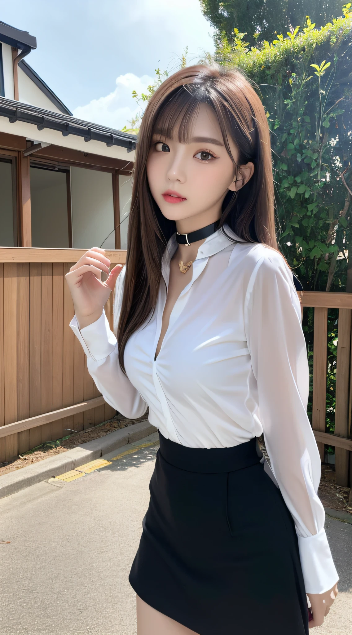 (Best Quality, 8K, masutepiece, Ultra HD: 1.3), 1girl in, small tits ,light brown hair, Blunt bangs, hair behind ear, hair over shoulder, Long hair,  slender body shape, Ultra Fine Face, Delicate lips, Beautiful eyes, Double eyelids, lipsticks, thin blush ,Black eyes ,perfect glossy skin,flawless skin,fair white skin,perspiring,A gaze that invites you, Chest,Ultra-thin hands, Ultra-fine fingers, shirt with collar, tight skirts , beauty legs ,pumps. campus