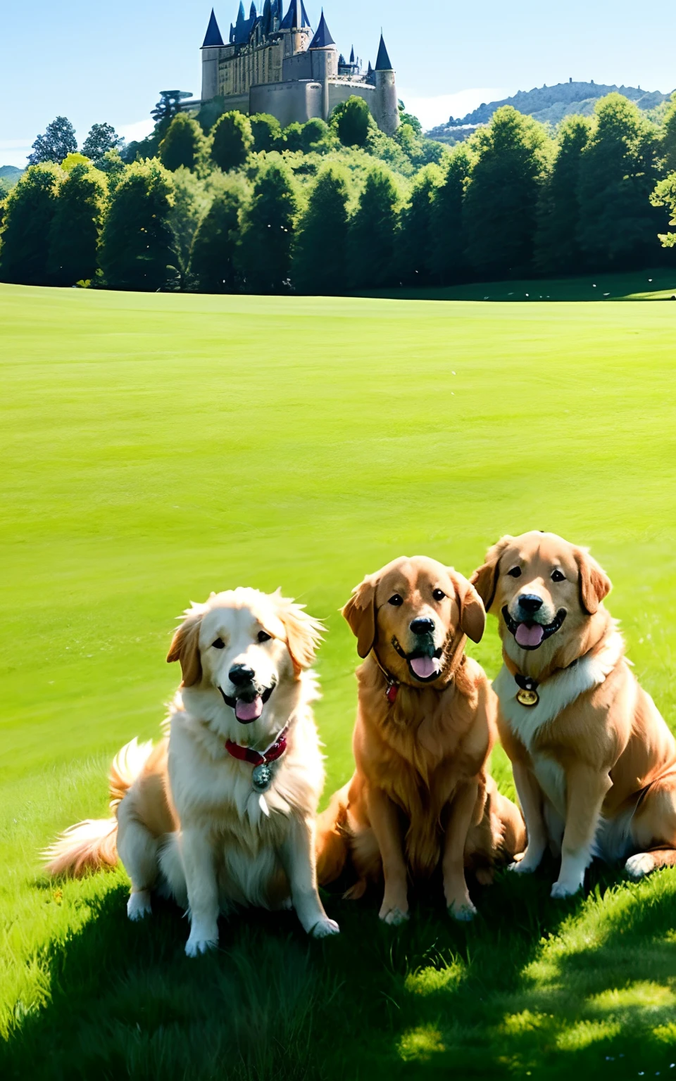 There are three golden retrievers sitting in the grass together, with dogs, Dynamic!!, in a sunny day, Portrait!!, Happy!!!, ( castle in background ), Background Labs, windy day, with towers, A clear day, dogy, Bright sunny hours, on a bright day, 3delight
