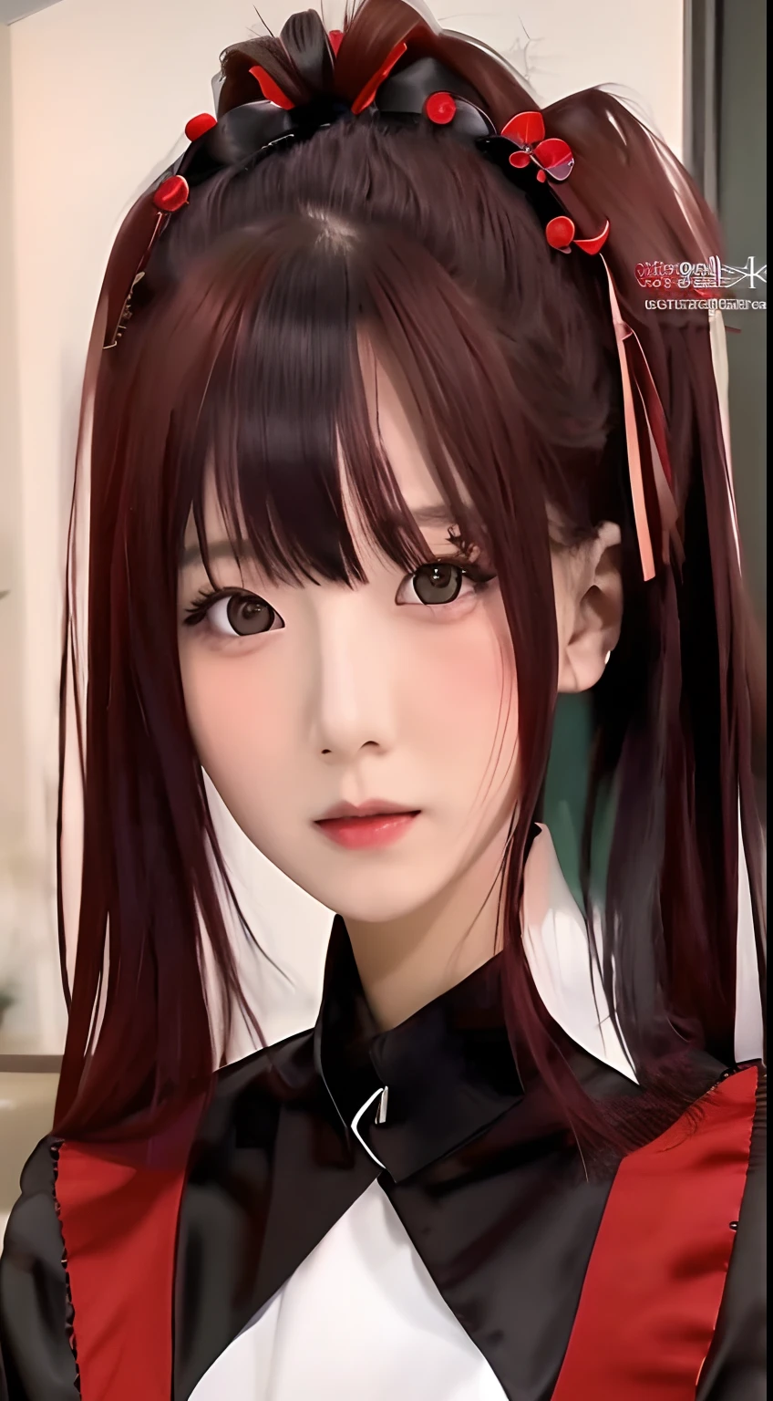 girl with red hair and black dress posing for camera, kurumi tokisaki, made with girl painter studio, anime style portrait, korean girl artstyle, realistic girl artstyle, painted in girl painter studio, portrait of an girl, beautiful girl portrait, in an anime style, portrait  girl, with glowing red eyes, detailed portrait of girl, realistic, 70mm lens, ultradetail