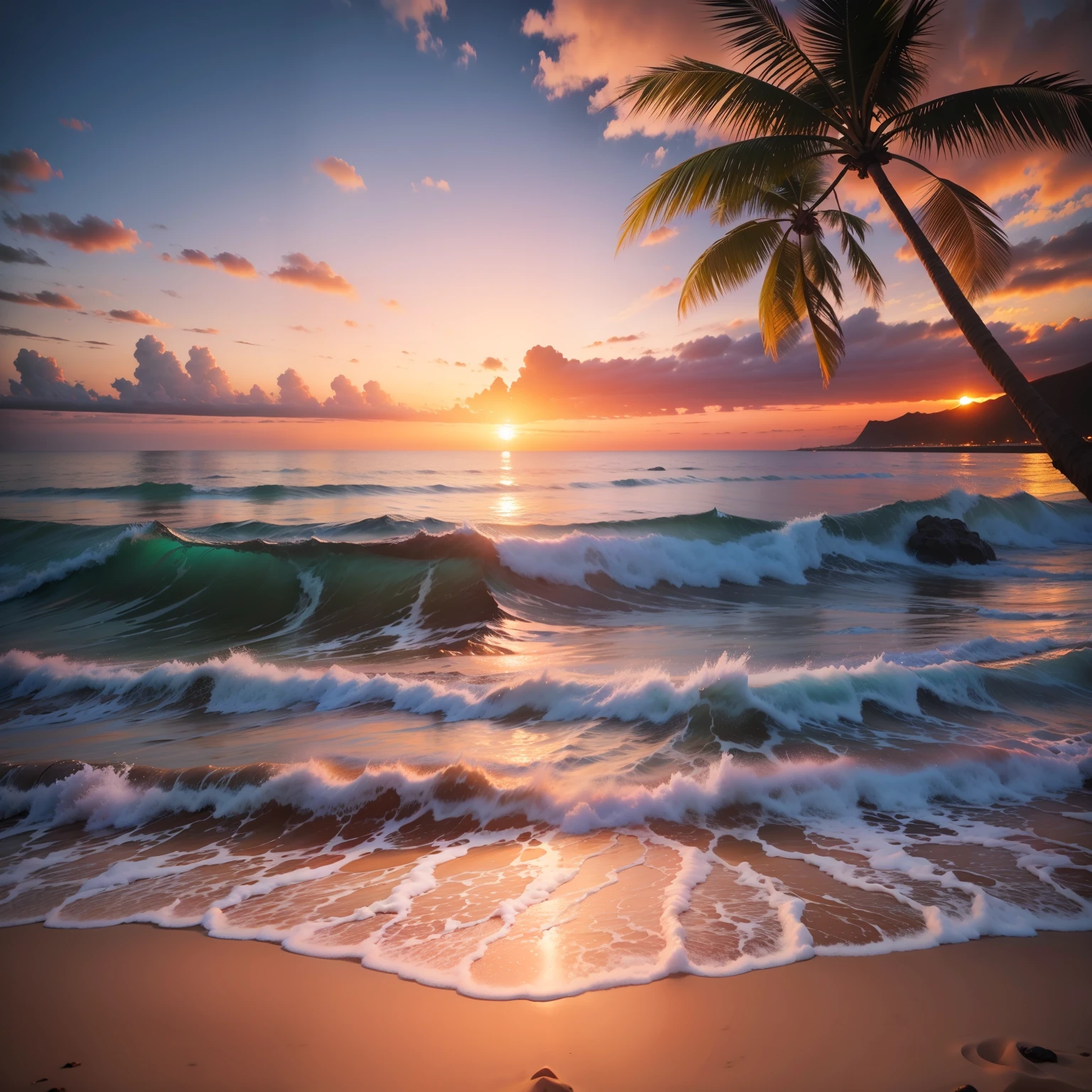 Sunset Hawaiian beach, 16:9 , 8k , photo realistic, majestic, cinematic