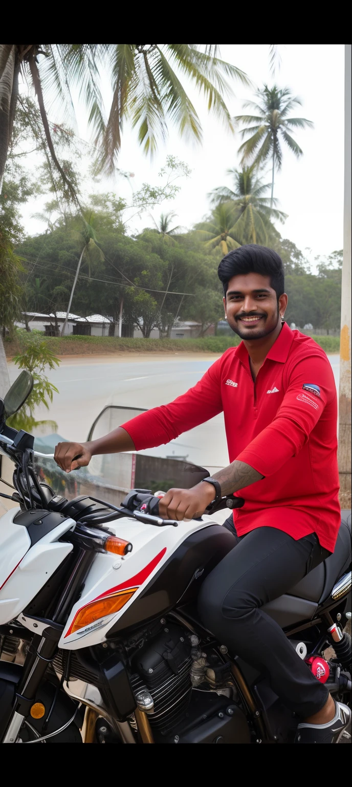 there is a man sitting on a motorcycle with a red shirt, jayison devadas, jayison devadas style, without helmet, taken with canon 8 0 d, with a happy expression, taken with sony alpha 9, inspired by Odhise Paskali, inspired by Thota Vaikuntham, candid picture, by Max Dauthendey