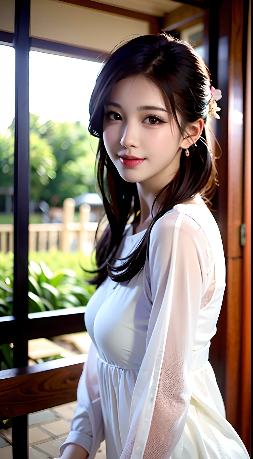 stechu,(streets background:1.4),((tachi-e)),Original,(illustratio:1.1),(best qualtiy),(tmasterpiece:1.1),(Very detailed CG unity 8k wallpaper:1.1),(a color: 0.9),(panoramicshooting:1.4),(solo person:1.2),(Splash ink),(Splash color),((aquarelle)),sharp and clear focus,{ 1girl standing },((korean style )),flower background ,exteriors,Rochas,Look at the viewer,Make happy faces,Soft smile,chaste,Beautiful delicate face and eyes,Delicate garment pattern details,brunette color hair,blackigeyes,shuicolor