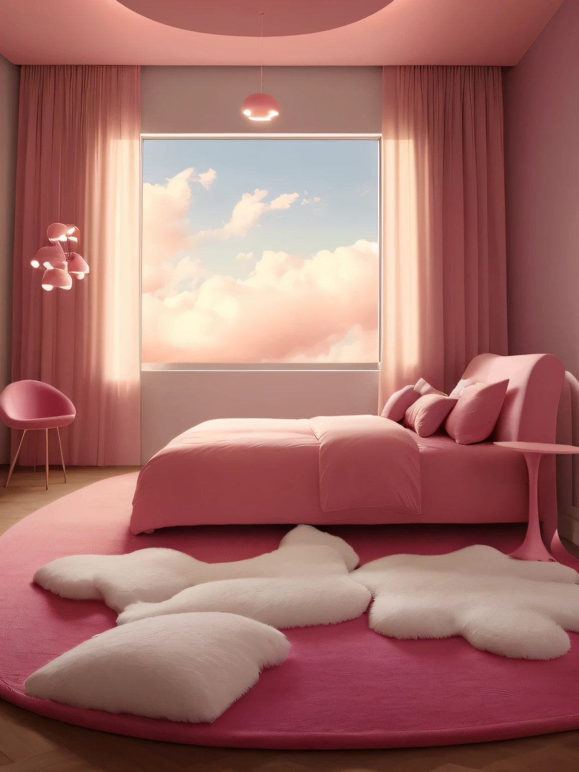 Brightly colored bedrooms with pink beds and pink chairs, brightly lit pink room, fluffy pink anime clouds, photorealistic room, hyperrealistic aesthetic, with soft pink colors, in style of ultra realistic, Realistic fantasy rendering, Bright room, Dreamlike atmosphere, bedroom background, dream like atmosphere 8k, Dreamy atmosphere, dreamy atmosphere and drama, Pink clouds