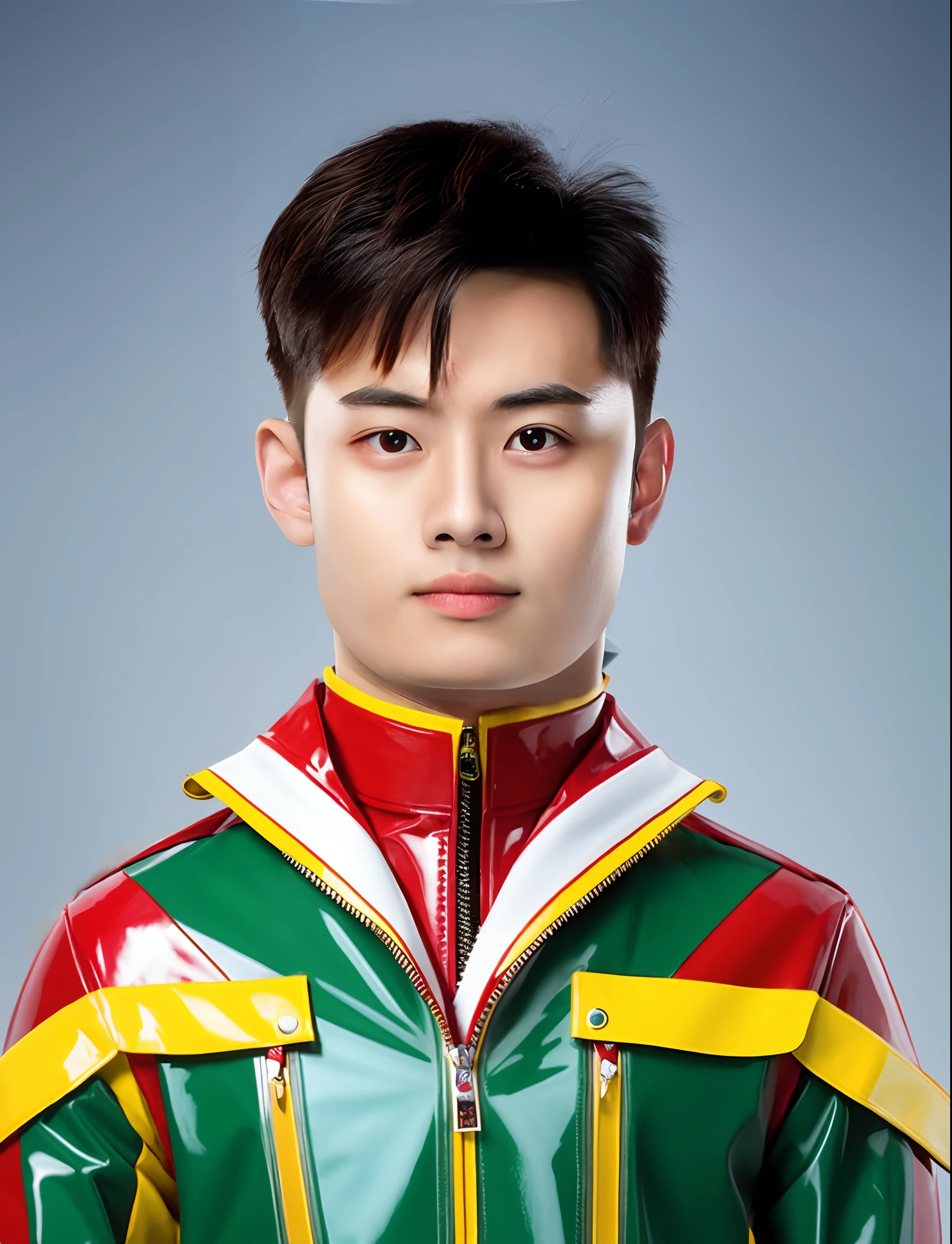 Handsome Chinese male high school student,Wearing PVC red and yellow motorcycle suits,There are zippers,greybackground