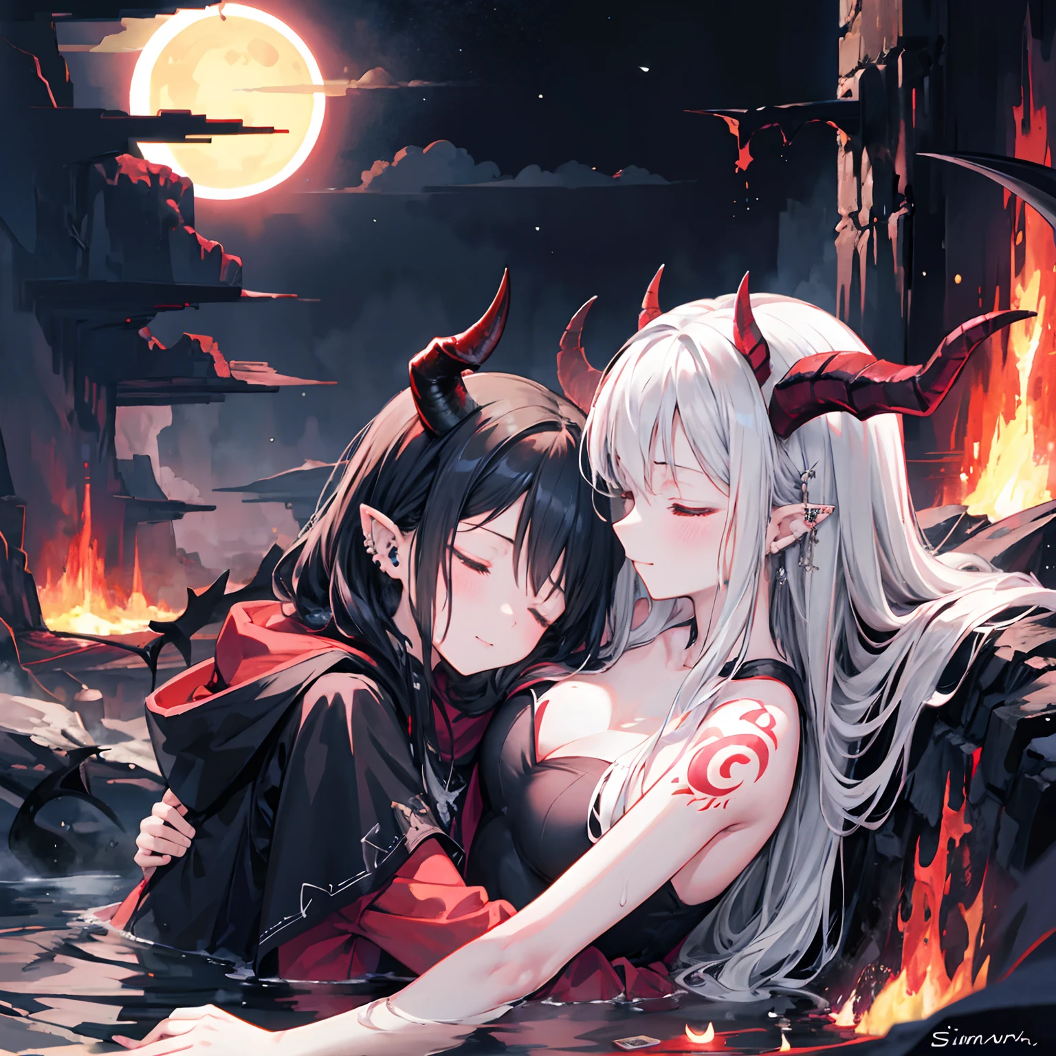 (sleeping:1.2),(uneven horns),2girls,upper body,bathing,eruption,girl in lava,lava,magma,profile,demon tail,hug,silver hair,black hair,messy hair,long hair,hooded cloak,solar eclipse,flat chest,tatoo,piercing,pointy ears,smirk