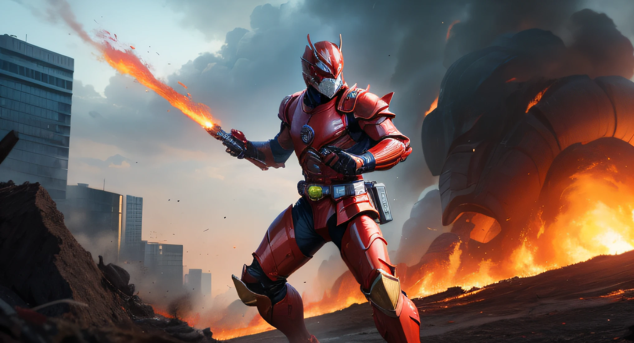There is a man in red armor rushing towards ten Godzillas，There is a fire burning around，The urban environment has been destroyed，Kamen Rider style，high high quality，High picture quality，A high resolution，Hyper-realistic