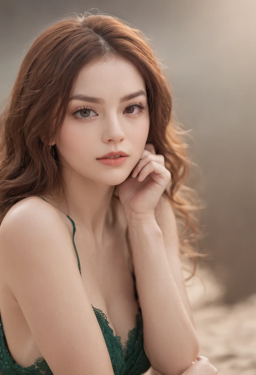 masutepiece, Best Quality, Illustration, Ultra-detailed, finely detail, hight resolution, 8K Wallpaper, Perfect dynamic composition, Beautiful detailed eyes, She is a bikini model, Natural lip color, Big breasts, Natural hair , lying on stomach, Full body naked , beach