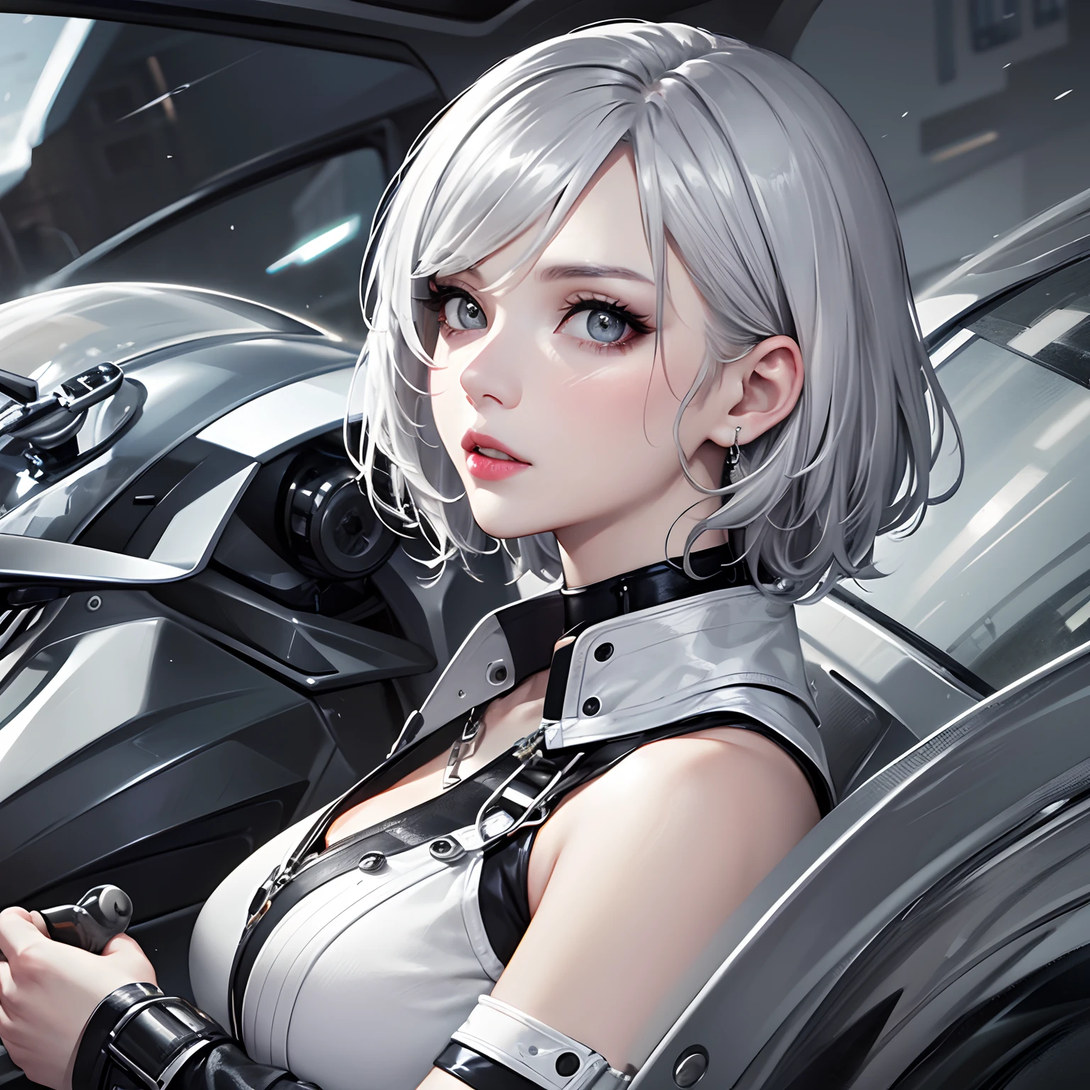 masterpiece、top-quality、hight resolution、High-quality images、8K、1womanl、Monochrome grayscale、detaileds、Detailed eye depiction、skin gloss、shiny short silver hair、、Nomiya、portlate、motor cycle、lipsticks