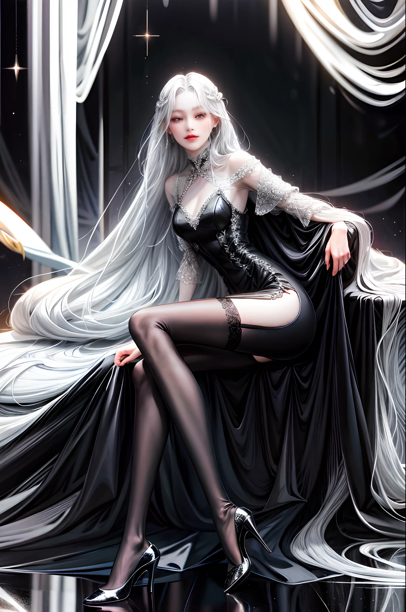 silver-white long hair,black long dress,Sit sideways,Expose long legs,Wearing black stockings,Raised sexy,black heels,Holding Erlang's legs
