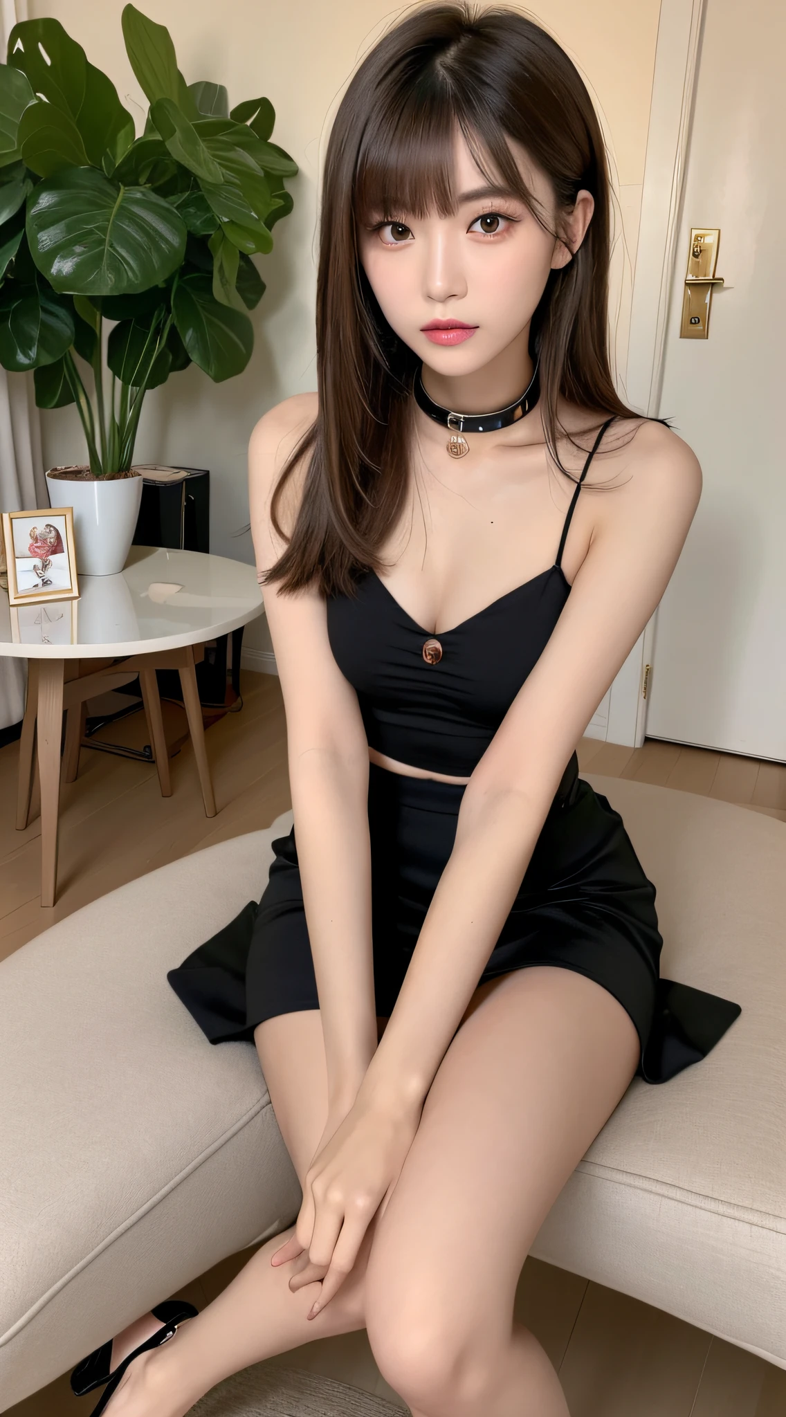 (Best Quality, 8K, masutepiece, Ultra HD: 1.3), 1girl in, small tits ,light brown hair, Blunt bangs, hair behind ear, hair over shoulder, Long hair, slender body shape, Ultra Fine Face, Delicate lips, Beautiful eyes, Double eyelids, lipsticks, thin blush ,Black eyes ,perfect glossy skin,flawless skin,fair white skin,perspiring,Likes and likes appeal, Chest,Ultra-thin hands, Ultra-fine fingers, shirt with collar, tight skirts , beauty legs ,Low Heels. outside of house、In the middle of a date
