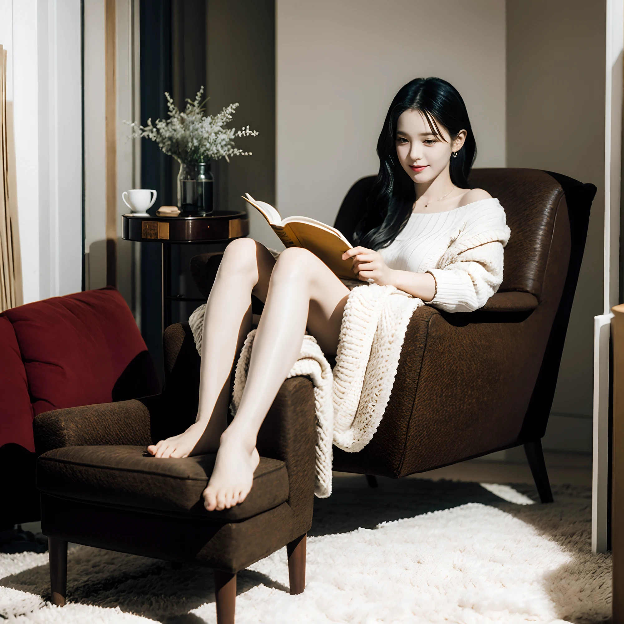 there is a woman sitting in a chair reading a book, comfortable chair, cozy arm chairs, in a comfortable chair, very cozy], designed for cozy aesthetics!, sitting in bedroom, very cozy, sit on chair, Lazy, sitting relax and happy, cozily, armchair, sit on chair, sitting on an armchair, sitting on an armchair, comfortable