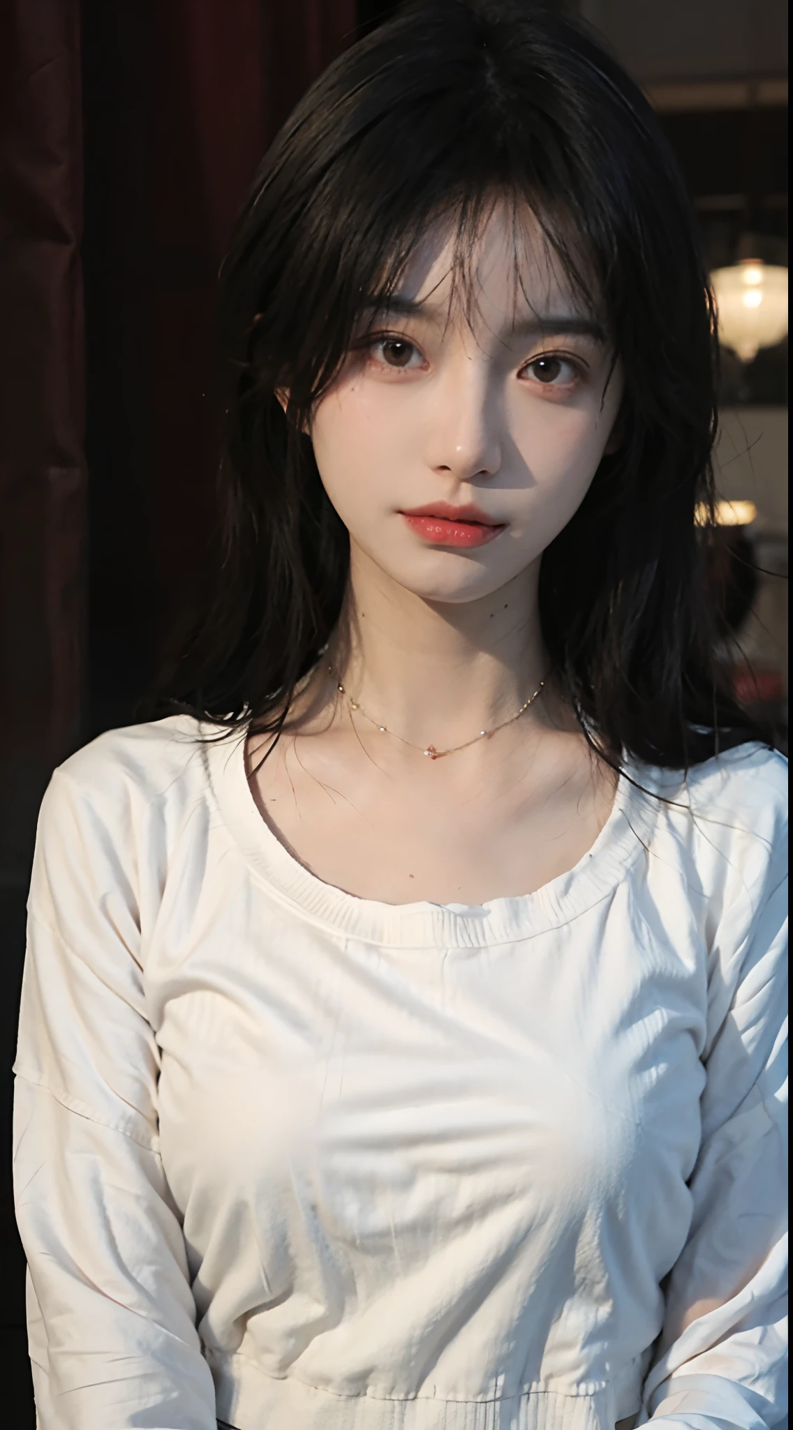 best qualtiy, 超高分辨率, (realisticlying:1.4),Baoyu Girl,1girll, Long straight hair,Looking into the distance,Bigchest:1.4,Cropped red sweater,a sense of atmosphere,Beautiful woman with a slim figure:1.4, Abs:1.4,,Ultra-fine face,Elaborate Eyes,二重まぶた,choker necklace